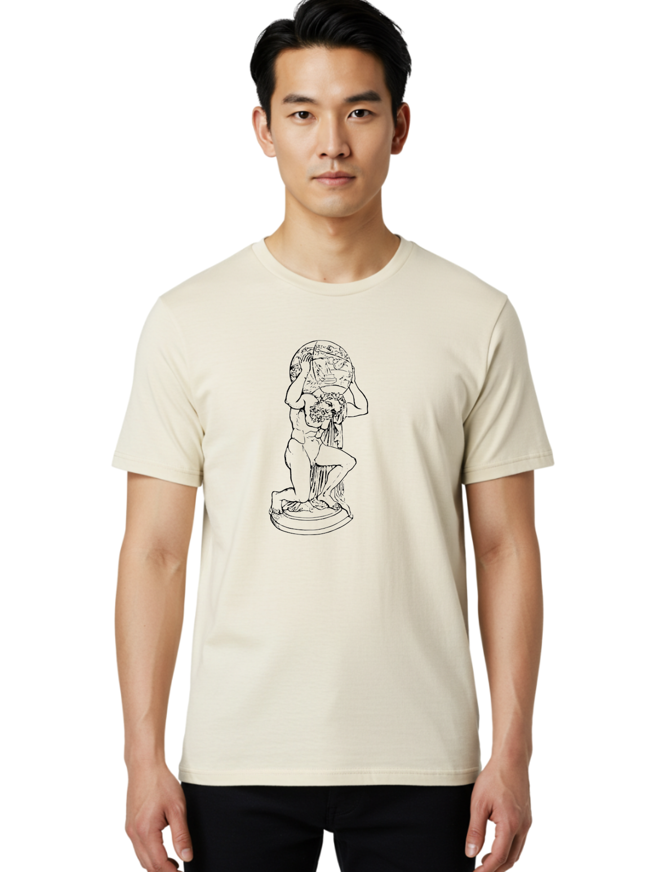 Atlas-Holding-Globe Men'S Graphic Tee, 100% Cotton, Comfortable Casual Summer Wear, Machine Washable, Statue Of Atlas, Greek Mythology, Holding The World, Classical Art, Mythological Figure, Ancient Greek Culture, Symbolic Representation - Aaa519