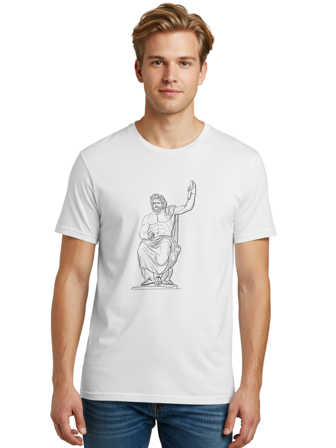 Classical-Greek-Statue Men'S Graphic Tee, 100% Cotton, Comfortable Casual Summer Wear, Machine Washable, Ancient Greek Philosopher, Socrates, Classical Figure, Seated Man, Raised Arm, Flowing Robes, Classical Art, Greek Philosophy, - Aaa524