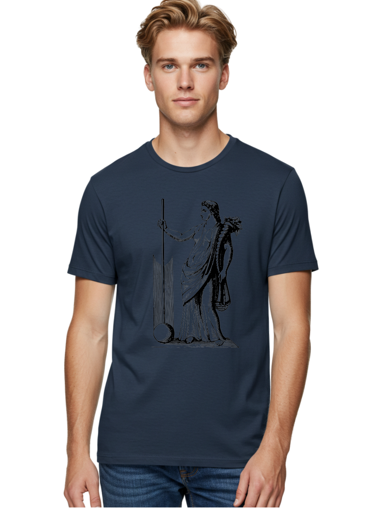 Classical-Woman Men'S Graphic Tee, 100% Cotton, Comfortable Casual Summer Wear, Machine Washable, Classical Figure, Flowing Robes, Holding Staff, Ornate Headdress, Classical Art, Historical Illustration, Regal Pose, Elegant Drapery, - Aaa527