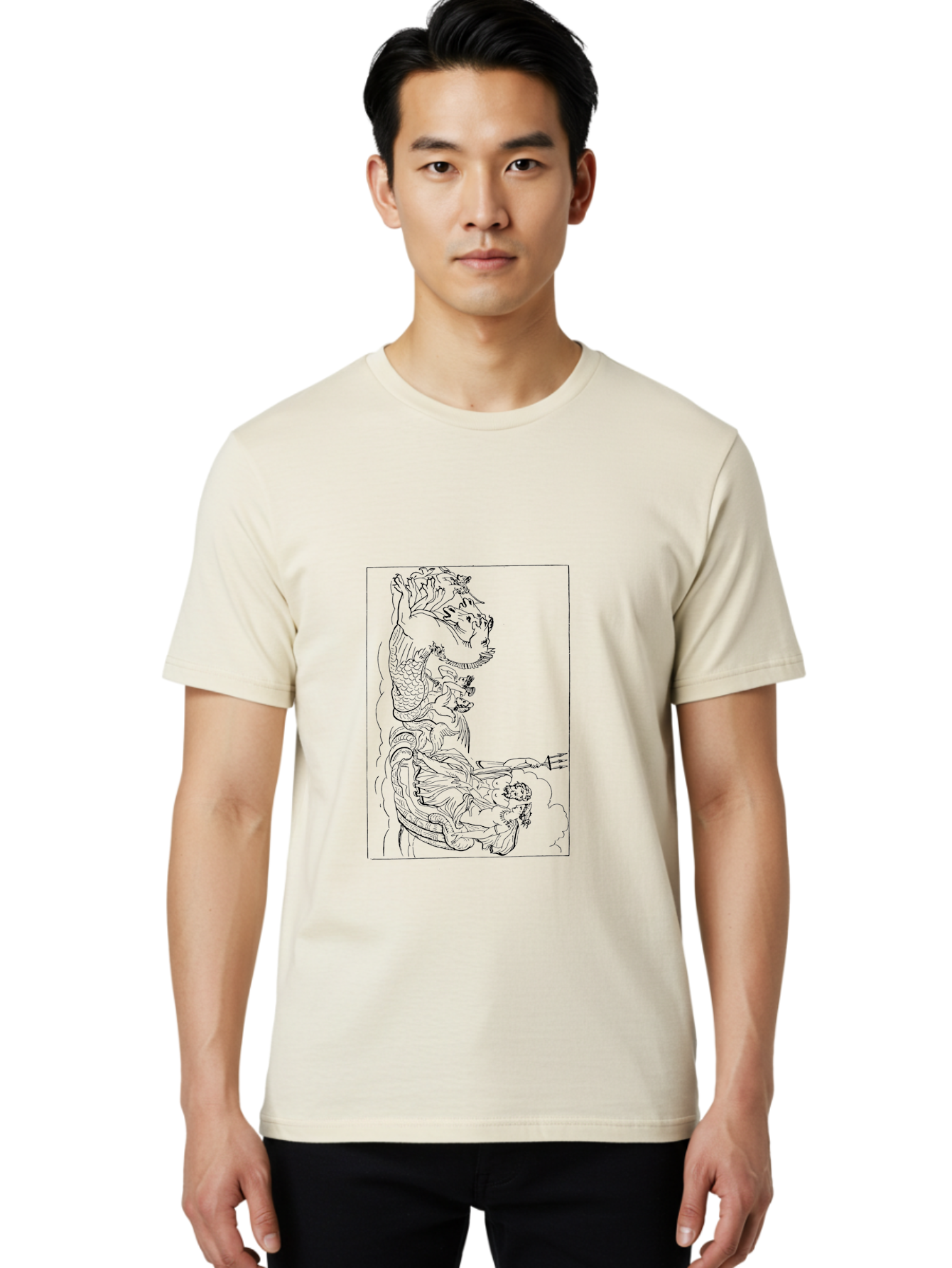 Dragon-Illustration Men'S Graphic Tee, 100% Cotton, Comfortable Casual Summer Wear, Machine Washable, Dragon And Warrior, Mythical Creature, Traditional Art, Intricate Design, Symbolic Figure, Chinese Culture, Fantasy Artwork, Line Drawing - Aaa531