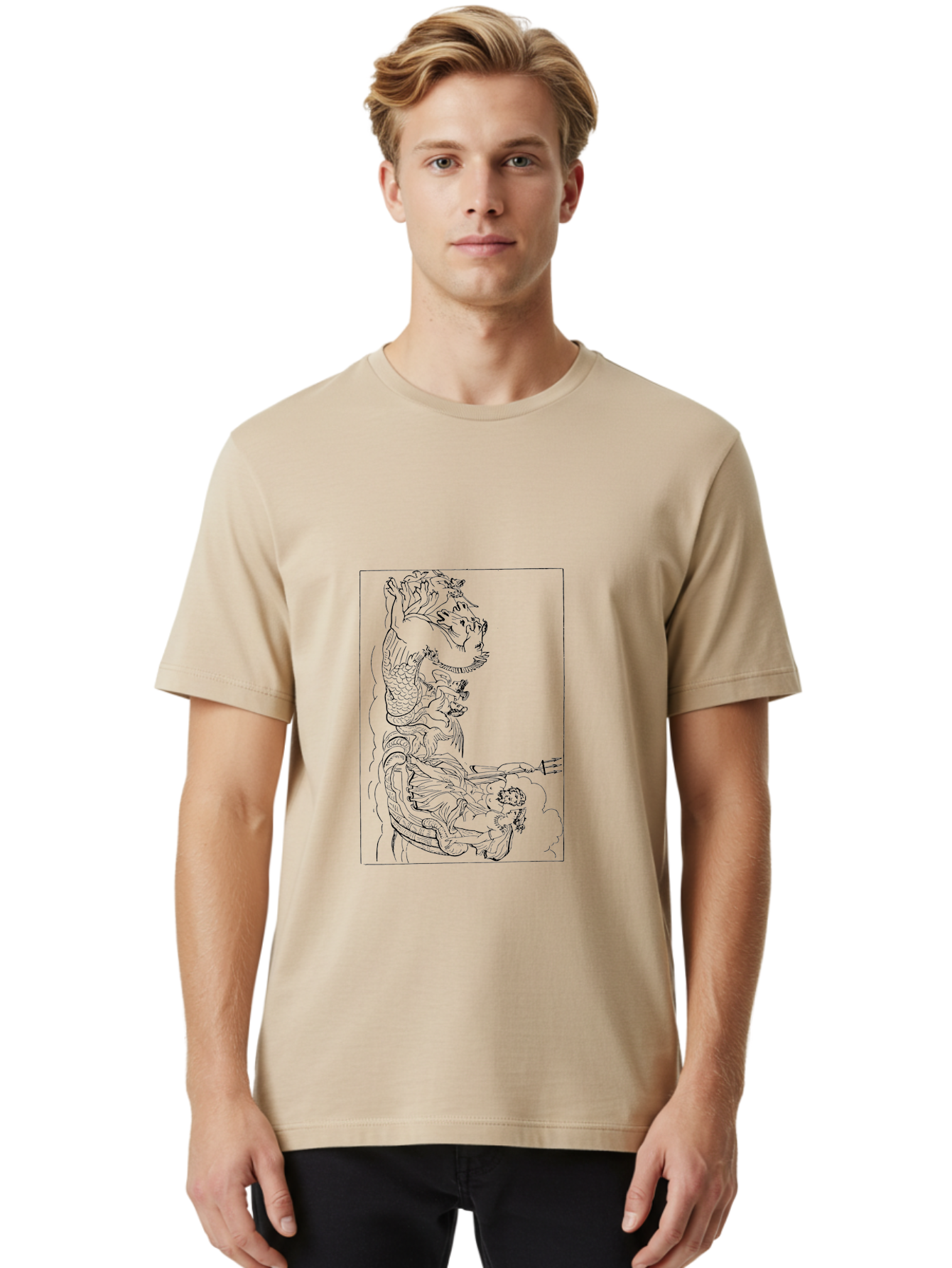 Dragon-Illustration Men'S Graphic Tee, 100% Cotton, Comfortable Casual Summer Wear, Machine Washable, Dragon And Warrior, Mythical Creature, Traditional Art, Intricate Design, Symbolic Figure, Chinese Culture, Fantasy Artwork, Line Drawing - Aaa531