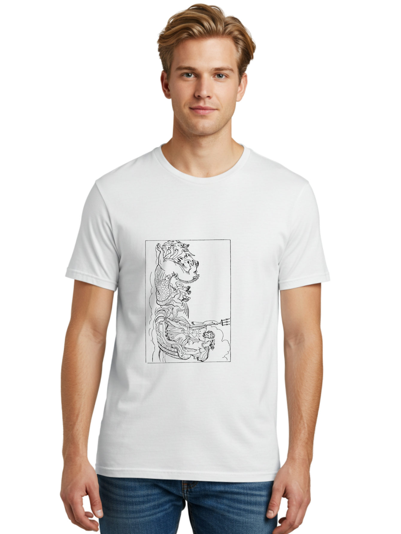 Dragon-Illustration Men'S Graphic Tee, 100% Cotton, Comfortable Casual Summer Wear, Machine Washable, Dragon And Warrior, Mythical Creature, Traditional Art, Intricate Design, Symbolic Figure, Chinese Culture, Fantasy Artwork, Line Drawing - Aaa531