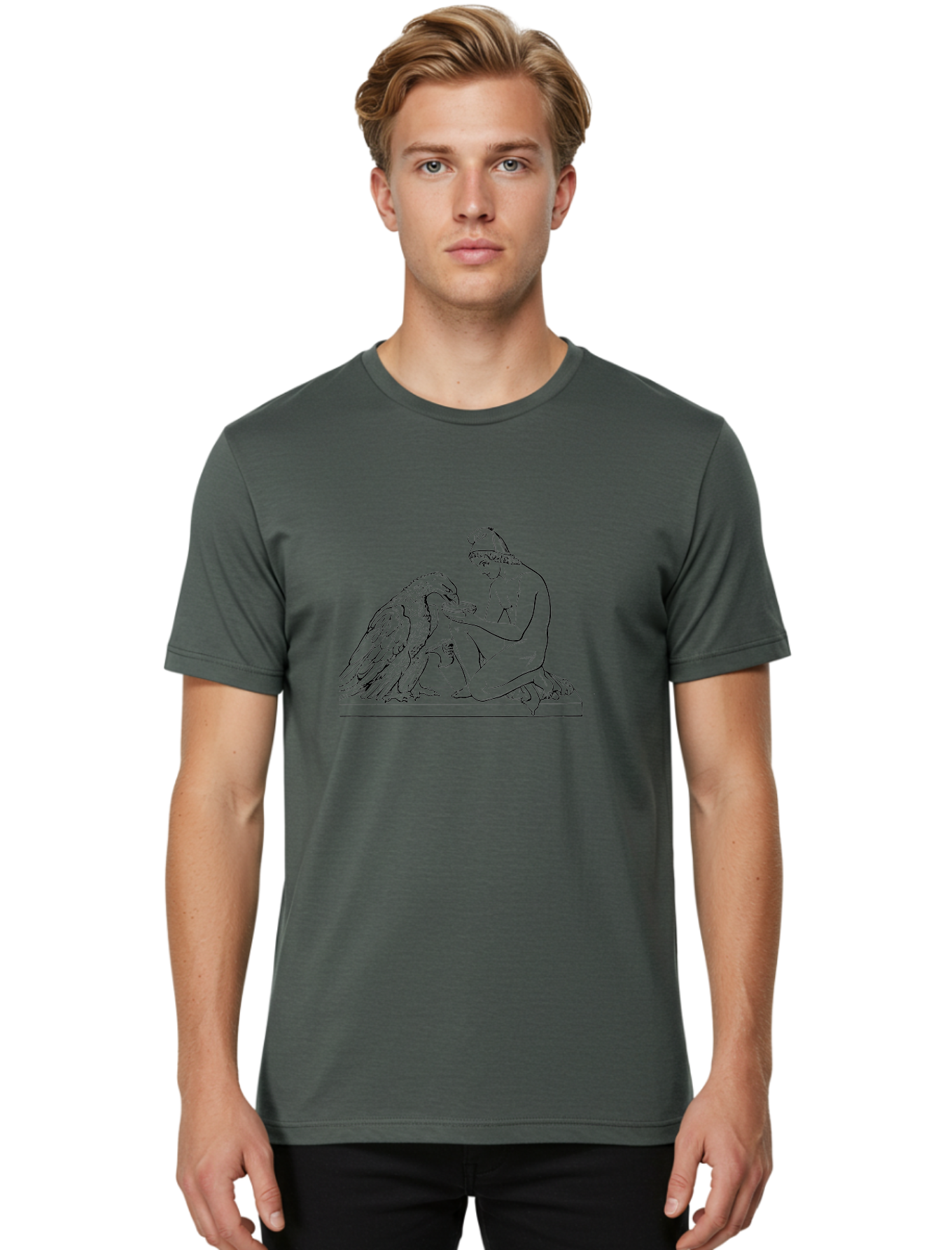Ganymede-And-Eagle Men'S Graphic Tee, 100% Cotton, Comfortable Casual Summer Wear, Machine Washable, Kneeling Woman, Feeding Eagle, Bond Between Human And Animal, Nurturing Moment, Tender Interaction, Simple Line Art, Minimalist Design, - Aaa534