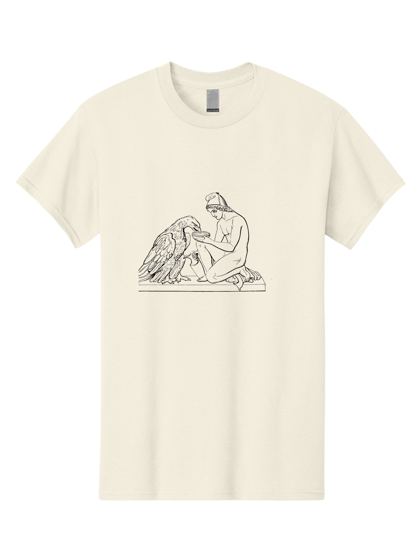 Ganymede-And-Eagle Men'S Graphic Tee, 100% Cotton, Comfortable Casual Summer Wear, Machine Washable, Kneeling Woman, Feeding Eagle, Bond Between Human And Animal, Nurturing Moment, Tender Interaction, Simple Line Art, Minimalist Design, - Aaa534