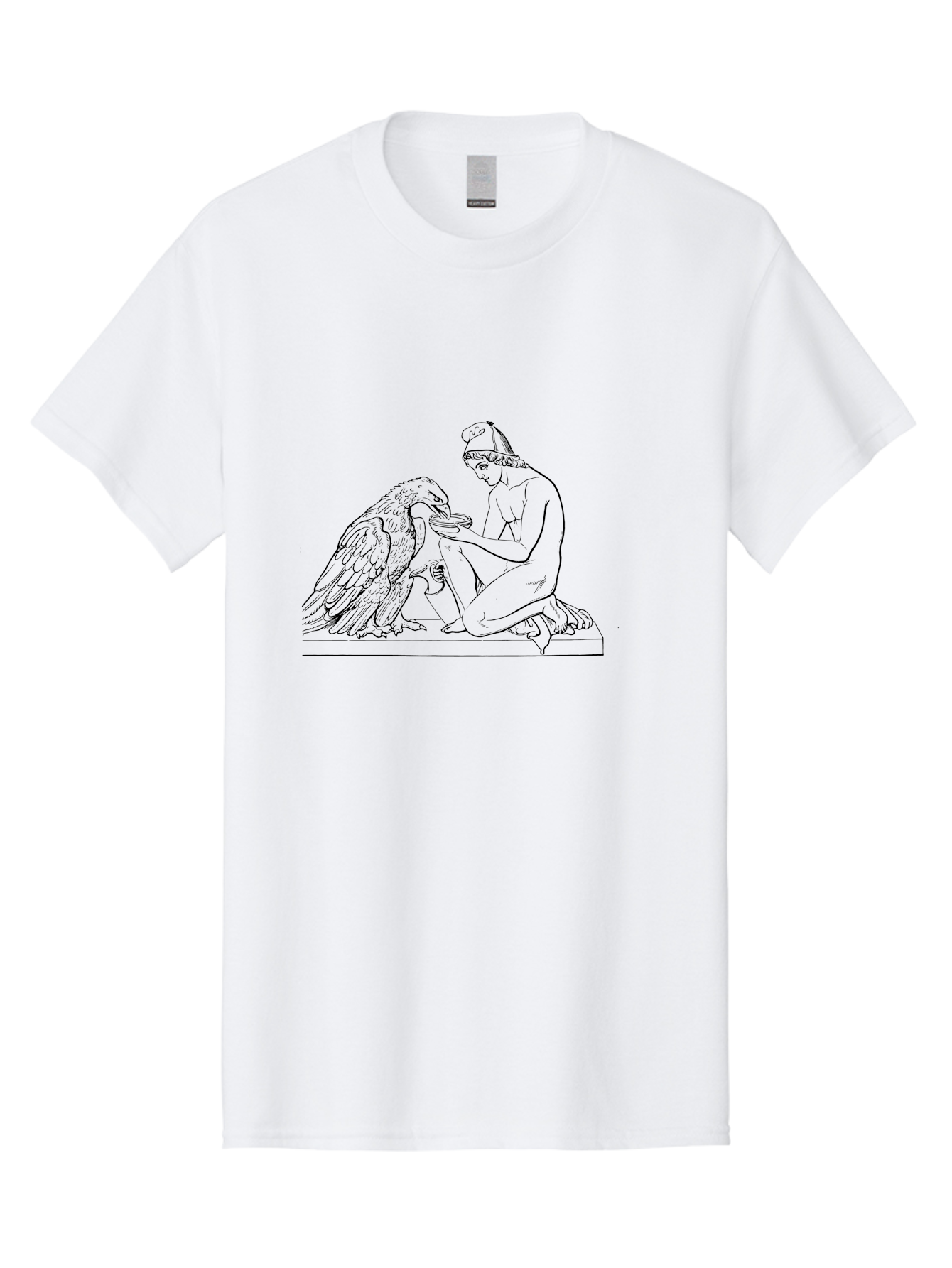 Ganymede-And-Eagle Men'S Graphic Tee, 100% Cotton, Comfortable Casual Summer Wear, Machine Washable, Kneeling Woman, Feeding Eagle, Bond Between Human And Animal, Nurturing Moment, Tender Interaction, Simple Line Art, Minimalist Design, - Aaa534