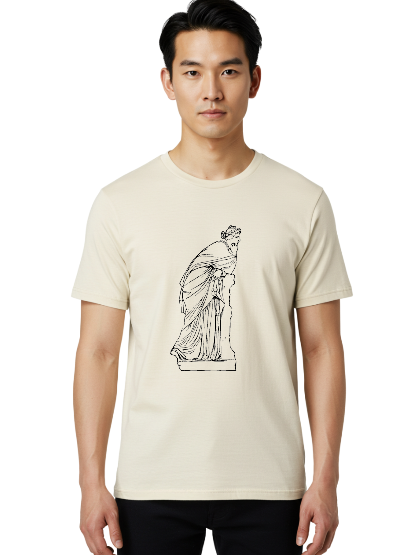 Goddess-Statue-1 Men'S Graphic Tee, 100% Cotton, Comfortable Casual Summer Wear, Machine Washable, Classical Statue, Flowing Robes, Ancient Greek Art, Minimalist Line Art, Simple Illustration, Draped Figure, Statue On Pedestal, - Aaa535