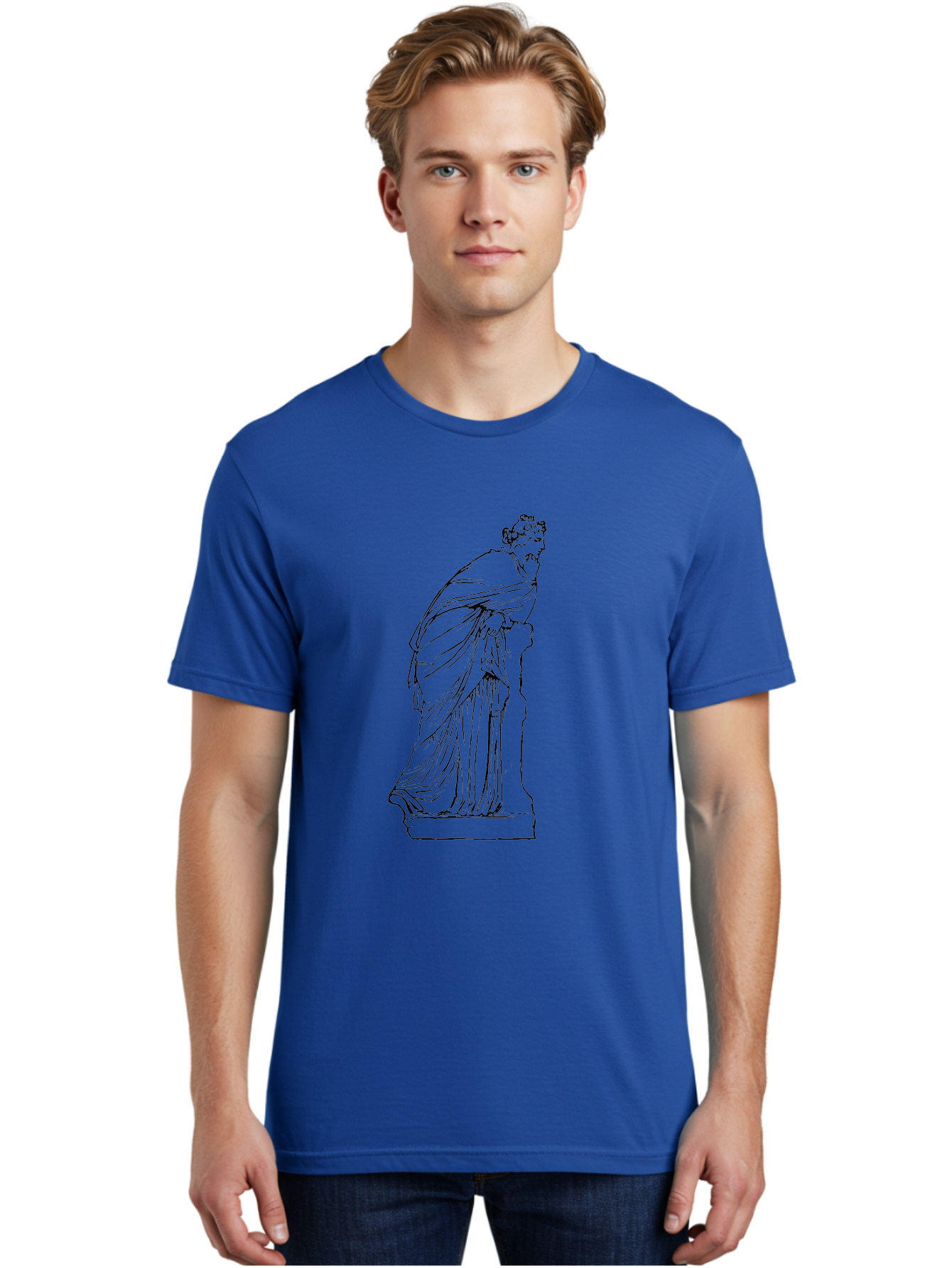 Goddess-Statue-1 Men'S Graphic Tee, 100% Cotton, Comfortable Casual Summer Wear, Machine Washable, Classical Statue, Flowing Robes, Ancient Greek Art, Minimalist Line Art, Simple Illustration, Draped Figure, Statue On Pedestal, - Aaa535