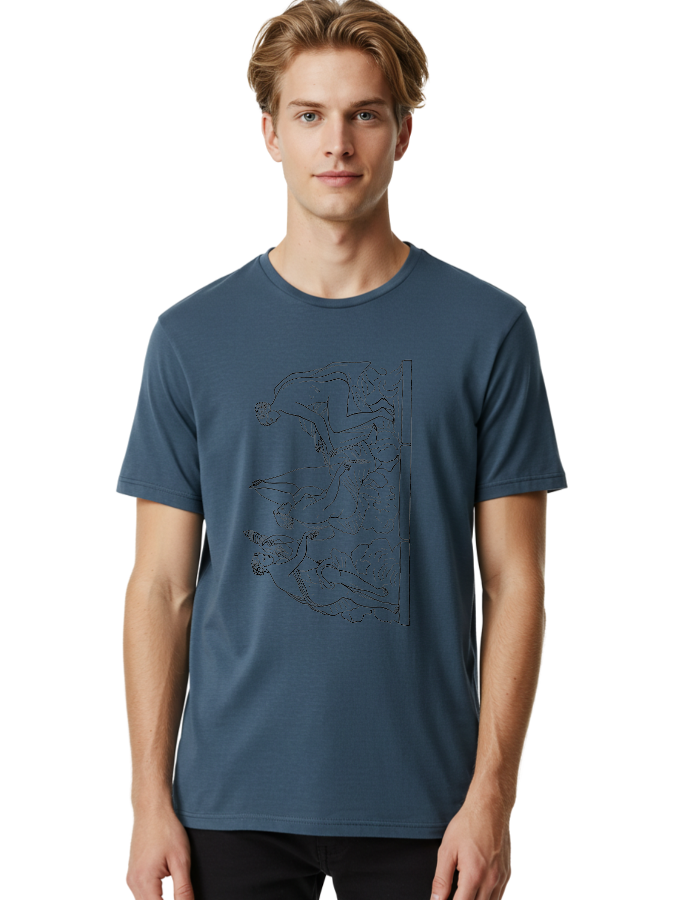 Greek-Figures Men'S Graphic Tee, 100% Cotton, Comfortable Casual Summer Wear, Machine Washable, Diving Figures, Dynamic Movement, Acrobatic Poses, Flowing Robes, Black Outline, Classic Art, Greek-Inspired, Fluid Motion, Athletic Forms, - Aaa538