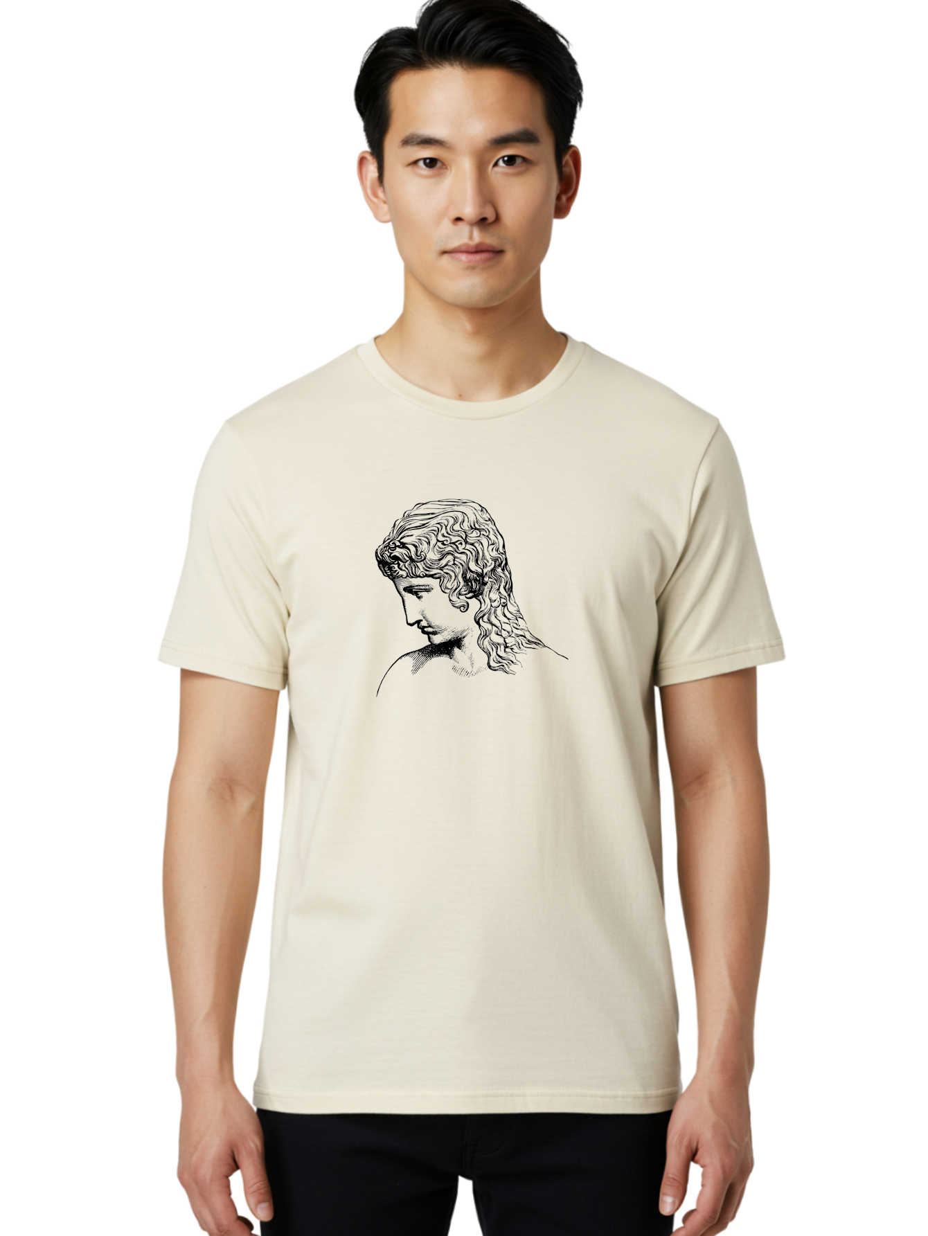 Greek-Statue-1 Men'S Graphic Tee, 100% Cotton, Comfortable Casual Summer Wear, Machine Washable, Woman Looking Down, Flowing Hair, Black And White Illustration, Elegant Portrait, Classical Art, Serene Expression, Calm Atmosphere, - Aaa539