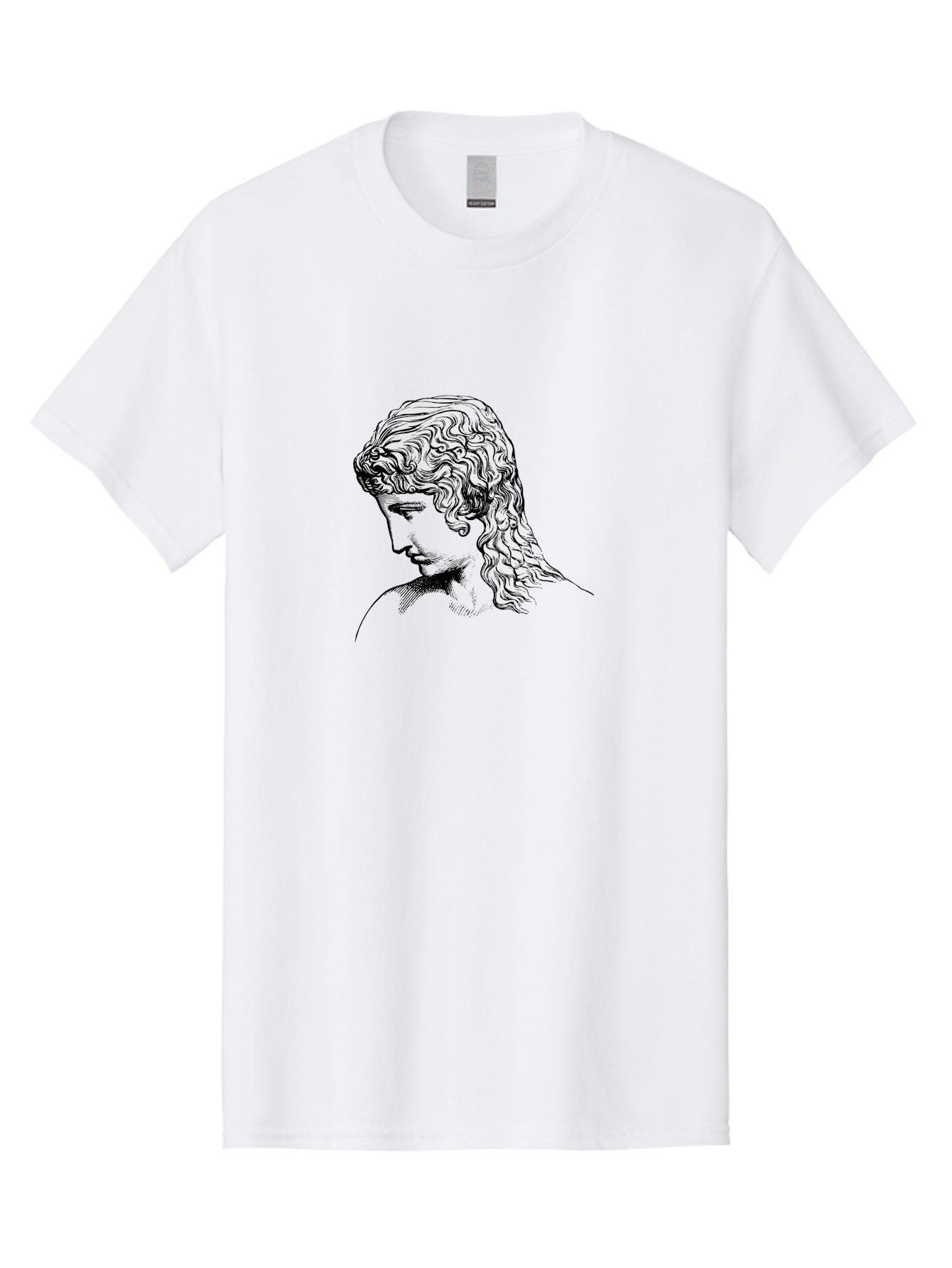 Greek-Statue-1 Men'S Graphic Tee, 100% Cotton, Comfortable Casual Summer Wear, Machine Washable, Woman Looking Down, Flowing Hair, Black And White Illustration, Elegant Portrait, Classical Art, Serene Expression, Calm Atmosphere, - Aaa539