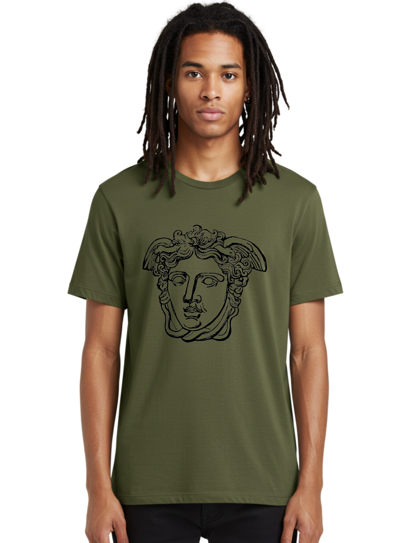 Hermes-Head Men'S Graphic Tee, 100% Cotton, Comfortable Casual Summer Wear, Machine Washable, Classical Art, Greek Mythology, Hermes Statue, Winged Head, Curly Hair, Elegant Design, Minimalist Illustration, Ancient Greece - Aaa543