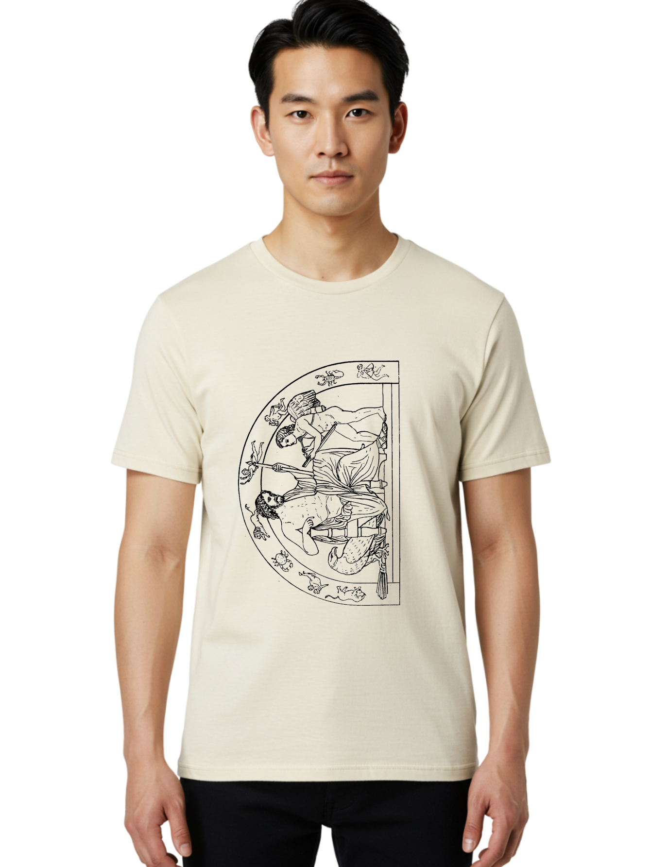 Letter-E-Illustration Men'S Graphic Tee, 100% Cotton, Comfortable Casual Summer Wear, Machine Washable, Ancient Greek Art, Warrior Battle Scene, Classical Mythology, Line Art, Historical Illustration, Mythological Creatures, - Aaa548