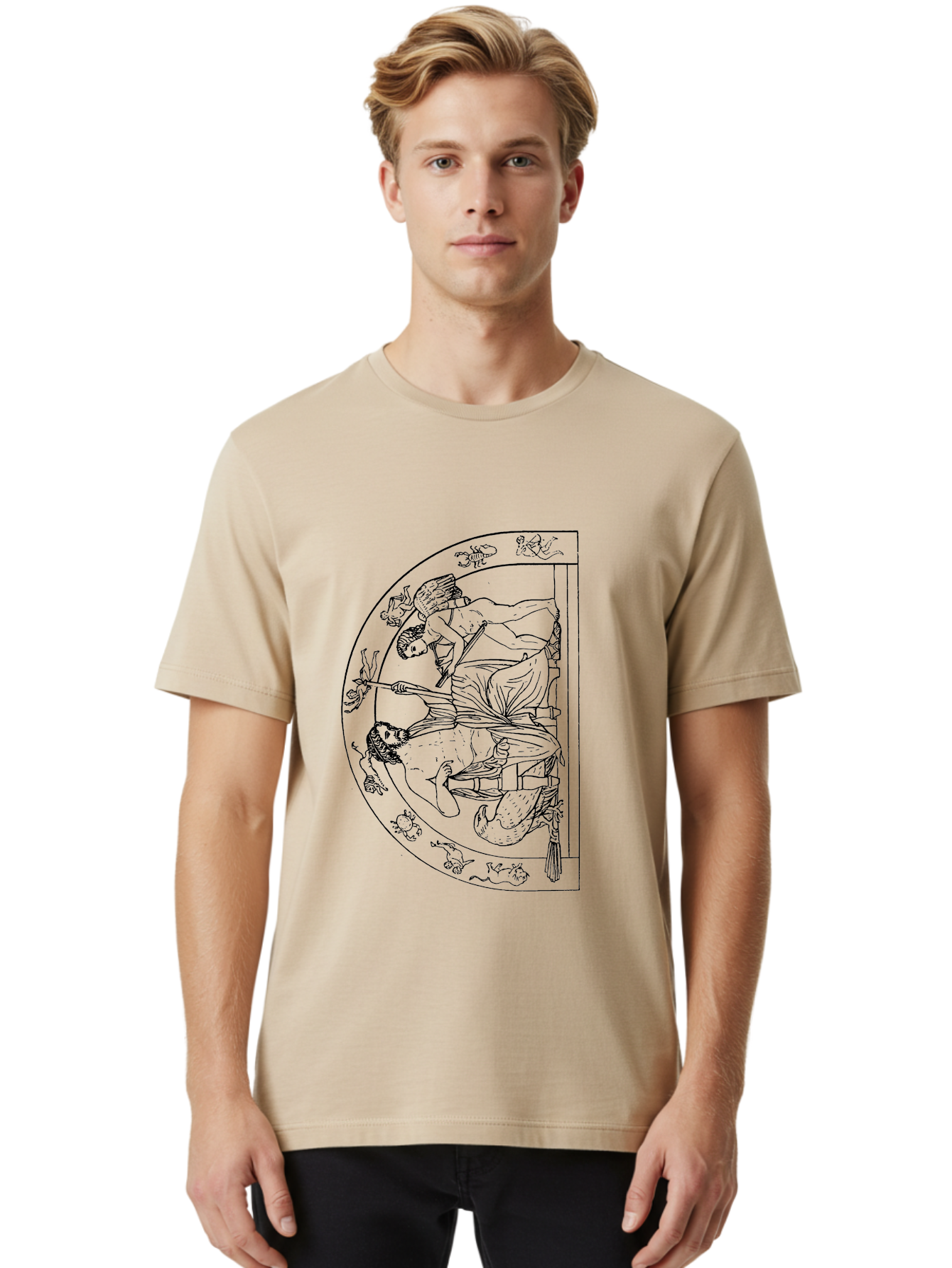 Letter-E-Illustration Men'S Graphic Tee, 100% Cotton, Comfortable Casual Summer Wear, Machine Washable, Ancient Greek Art, Warrior Battle Scene, Classical Mythology, Line Art, Historical Illustration, Mythological Creatures, - Aaa548