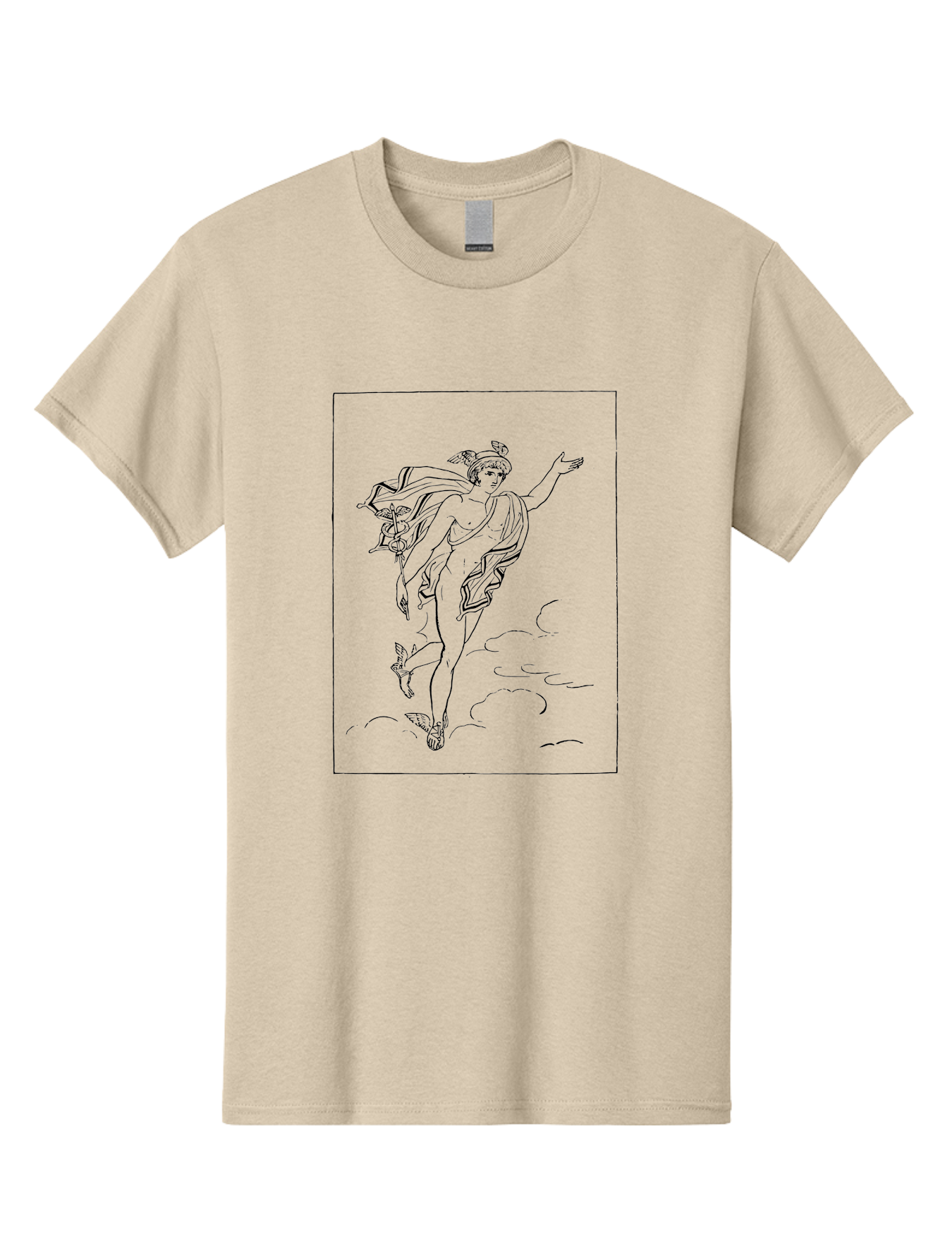 Nike-Adjusting-Her-Sandal Men'S Graphic Tee, 100% Cotton, Comfortable Casual Summer Wear, Machine Washable, Classical Art, Greek Goddess, Nike, Winged Figure, Flowing Robes, Sandals, Elegant Pose, Black Line Drawing, Minimalist Style, - Aaa552