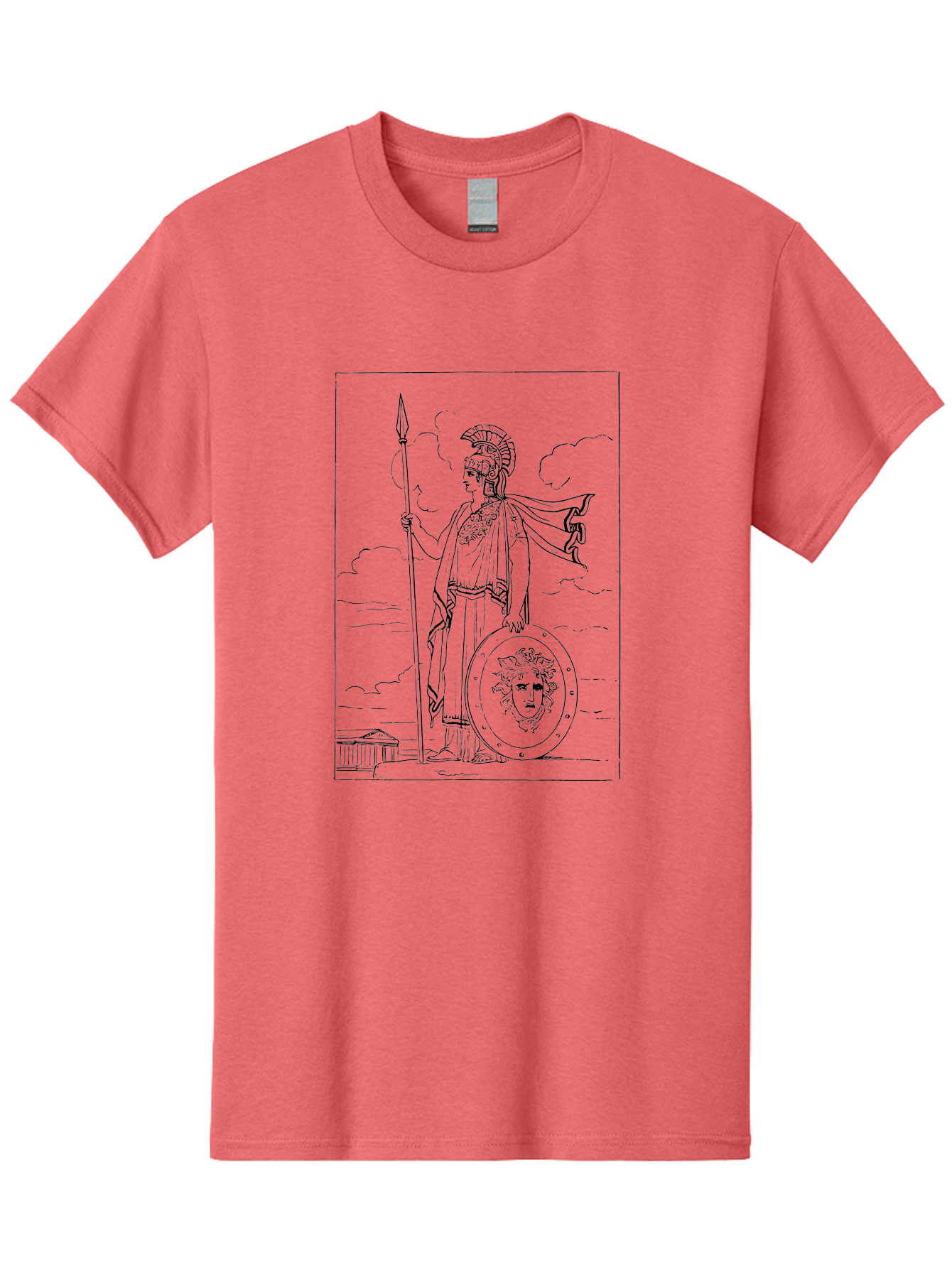 Pallas-Athena Men'S Graphic Tee, 100% Cotton, Comfortable Casual Summer Wear, Machine Washable, Athena Standing, Greek Goddess, Spear In Hand, Shield With Medusa'S Head, Classical Greek Attire, Helmet And Cape, Ancient Greek Architecture, - Aaa555