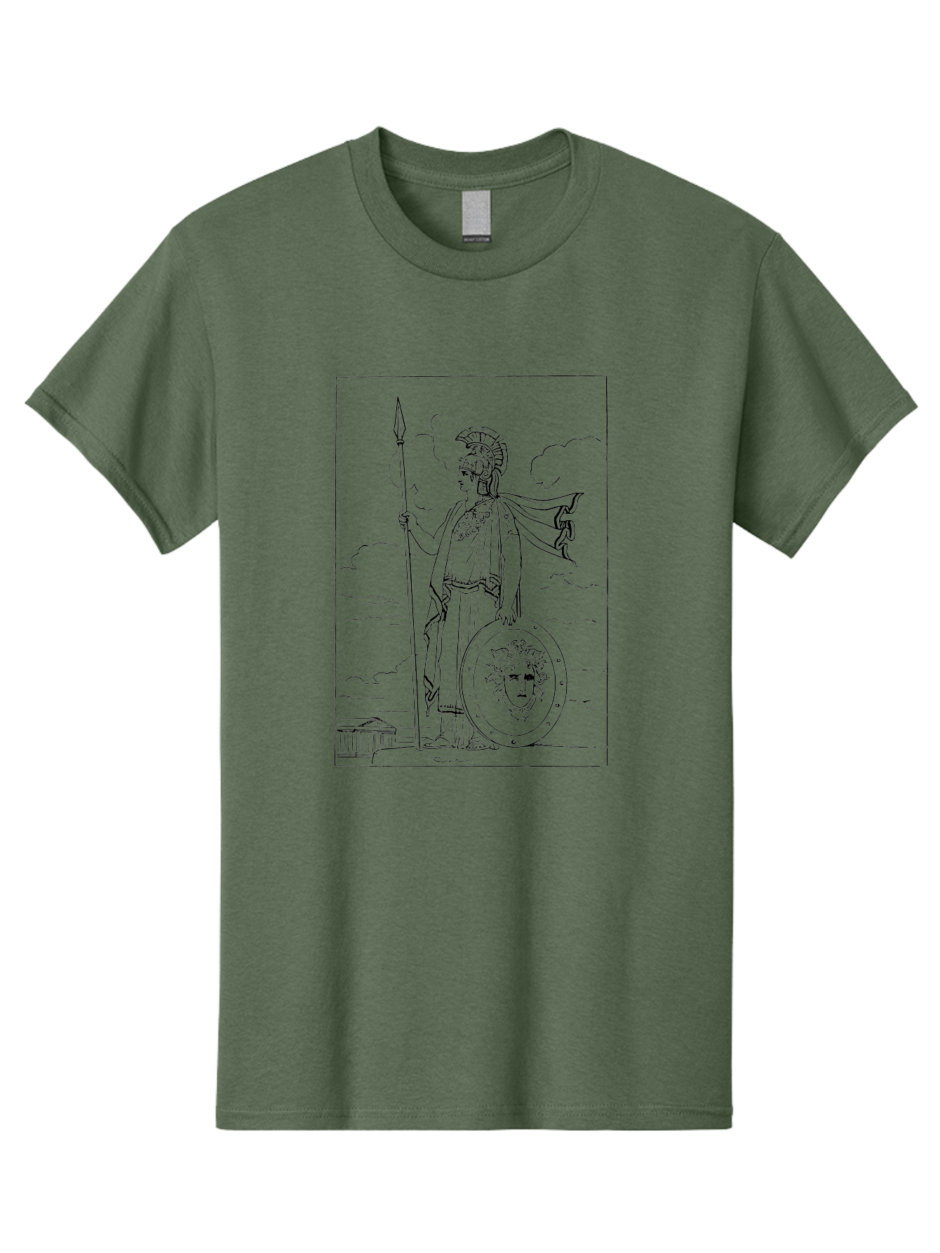 Pallas-Athena Men'S Graphic Tee, 100% Cotton, Comfortable Casual Summer Wear, Machine Washable, Athena Standing, Greek Goddess, Spear In Hand, Shield With Medusa'S Head, Classical Greek Attire, Helmet And Cape, Ancient Greek Architecture, - Aaa555