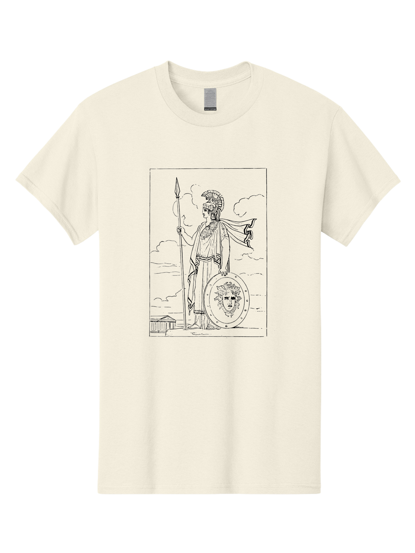 Pallas-Athena Men'S Graphic Tee, 100% Cotton, Comfortable Casual Summer Wear, Machine Washable, Athena Standing, Greek Goddess, Spear In Hand, Shield With Medusa'S Head, Classical Greek Attire, Helmet And Cape, Ancient Greek Architecture, - Aaa555