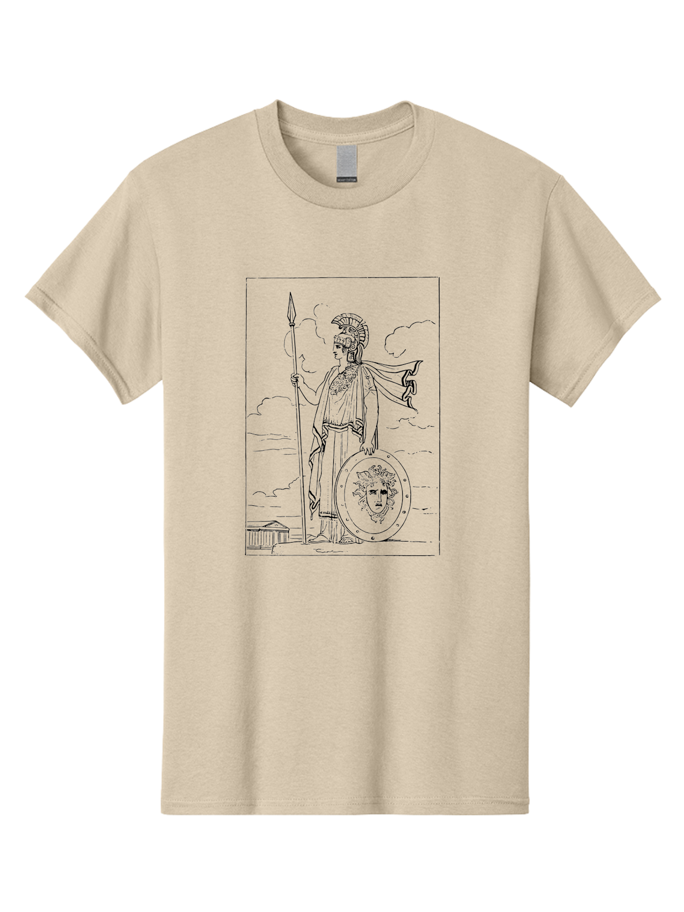 Pallas-Athena Men'S Graphic Tee, 100% Cotton, Comfortable Casual Summer Wear, Machine Washable, Athena Standing, Greek Goddess, Spear In Hand, Shield With Medusa'S Head, Classical Greek Attire, Helmet And Cape, Ancient Greek Architecture, - Aaa555