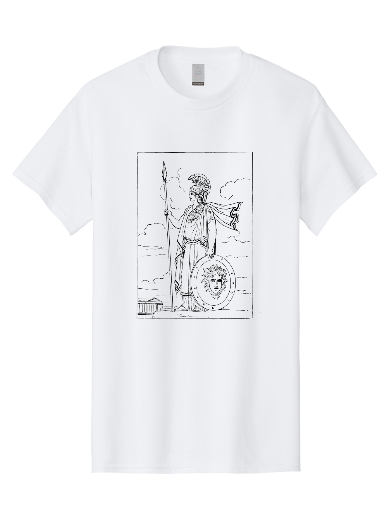 Pallas-Athena Men'S Graphic Tee, 100% Cotton, Comfortable Casual Summer Wear, Machine Washable, Athena Standing, Greek Goddess, Spear In Hand, Shield With Medusa'S Head, Classical Greek Attire, Helmet And Cape, Ancient Greek Architecture, - Aaa555