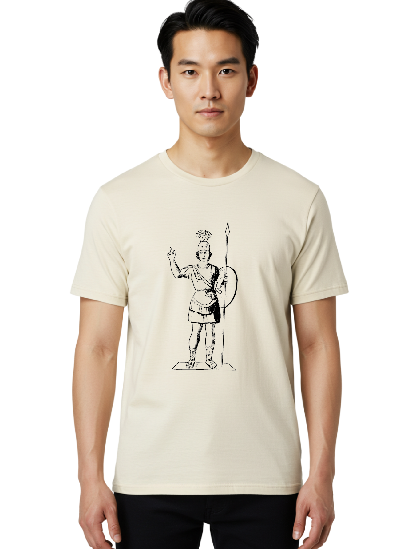 Roman-Soldier Men'S Graphic Tee, 100% Cotton, Comfortable Casual Summer Wear, Machine Washable, Roman Warrior, Ancient Armor, Spear And Shield, Classical Illustration, Historical Figure, Vintage Art, Ancient Rome, Soldier Statue - Aaa558