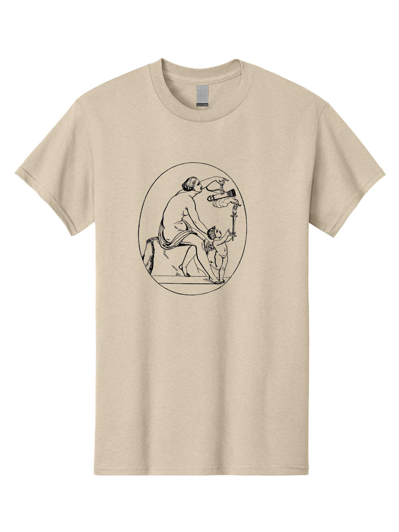 Satyr-And-Child Men'S Graphic Tee, 100% Cotton, Comfortable Casual Summer Wear, Machine Washable, Classical Art, Man Kneeling, Child Standing, Gift Giving, Ancient Greek, Black Line Art, Simple Shapes, Minimalist Design, Elegant Lines, - Aaa560