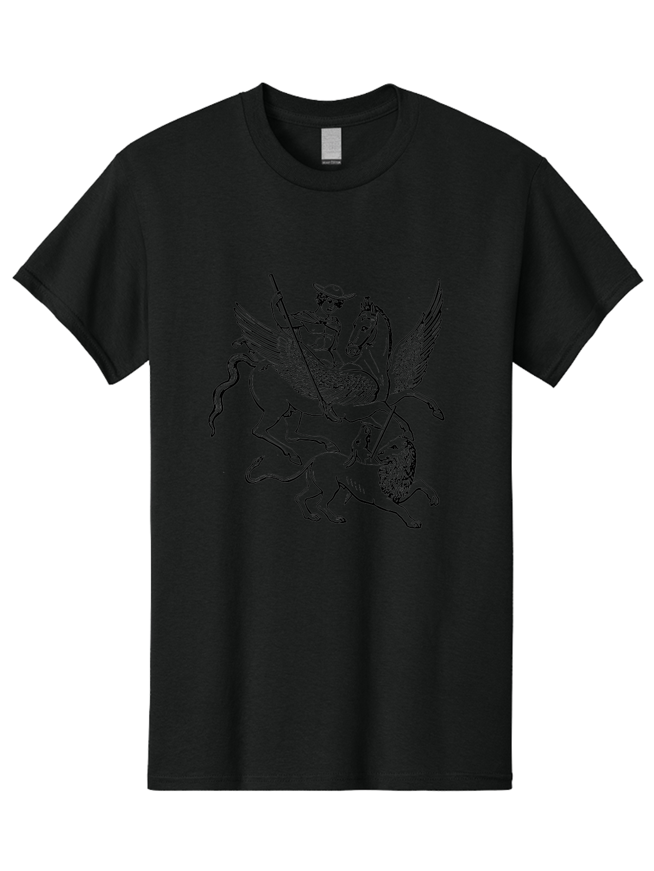 St-George-And-Dragon Men'S Graphic Tee, 100% Cotton, Comfortable Casual Summer Wear, Machine Washable, Man Riding Winged Horse, Horse Attacking Lion, Mythical Creatures, Fantasy Artwork, Black Line Art, Vintage Illustration, - Aaa565