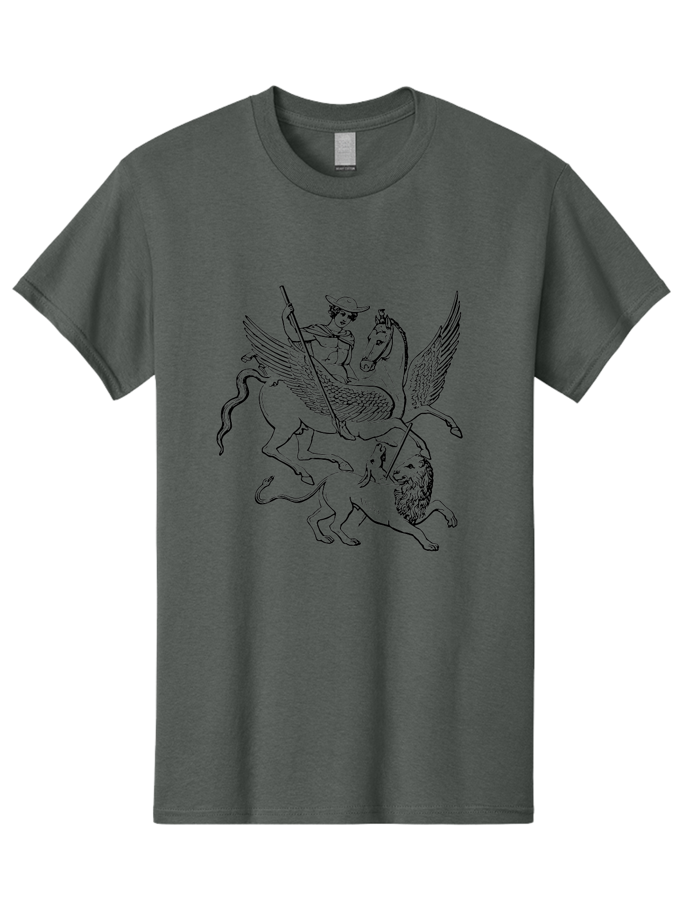 St-George-And-Dragon Men'S Graphic Tee, 100% Cotton, Comfortable Casual Summer Wear, Machine Washable, Man Riding Winged Horse, Horse Attacking Lion, Mythical Creatures, Fantasy Artwork, Black Line Art, Vintage Illustration, - Aaa565