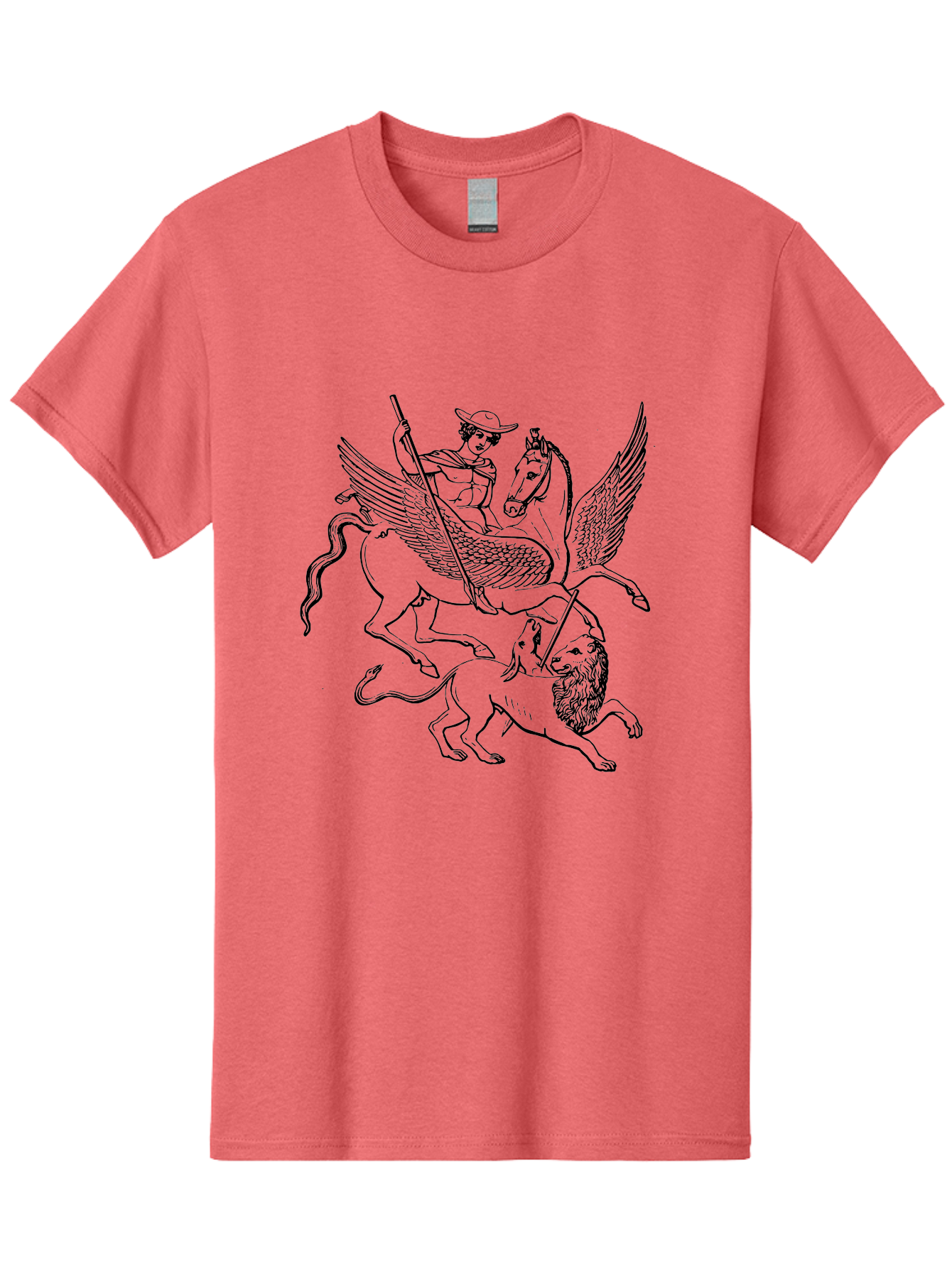 St-George-And-Dragon Men'S Graphic Tee, 100% Cotton, Comfortable Casual Summer Wear, Machine Washable, Man Riding Winged Horse, Horse Attacking Lion, Mythical Creatures, Fantasy Artwork, Black Line Art, Vintage Illustration, - Aaa565
