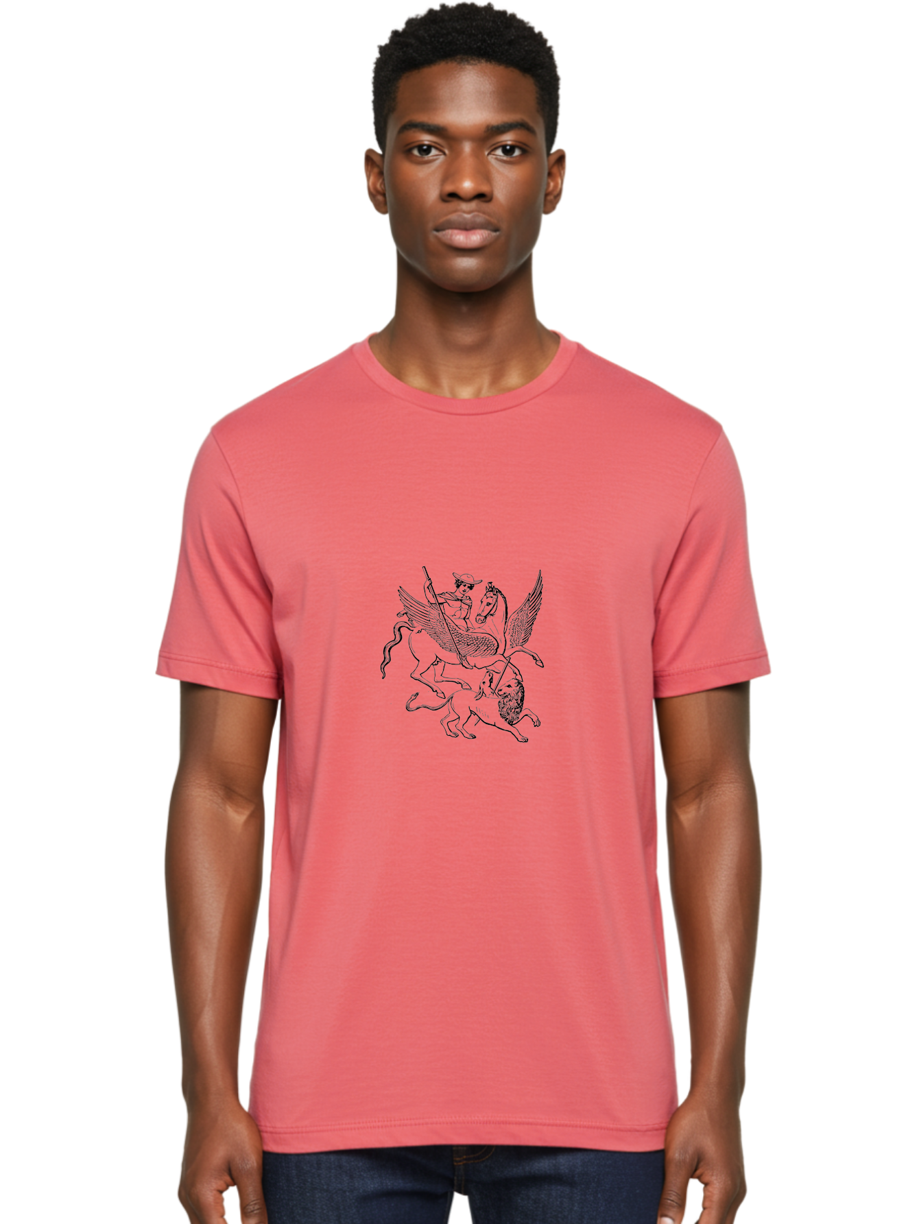 St-George-And-Dragon Men'S Graphic Tee, 100% Cotton, Comfortable Casual Summer Wear, Machine Washable, Man Riding Winged Horse, Horse Attacking Lion, Mythical Creatures, Fantasy Artwork, Black Line Art, Vintage Illustration, - Aaa565