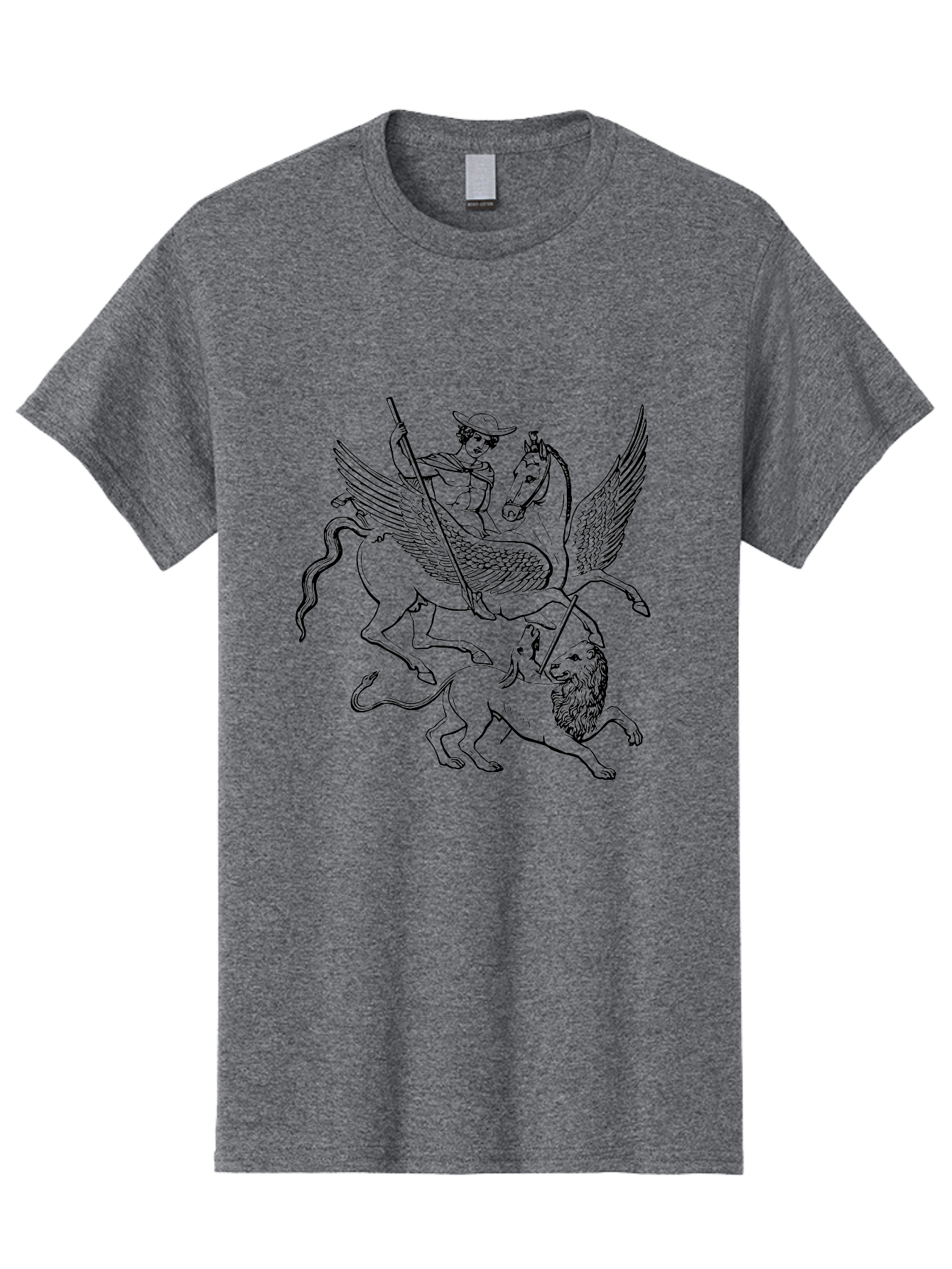 St-George-And-Dragon Men'S Graphic Tee, 100% Cotton, Comfortable Casual Summer Wear, Machine Washable, Man Riding Winged Horse, Horse Attacking Lion, Mythical Creatures, Fantasy Artwork, Black Line Art, Vintage Illustration, - Aaa565