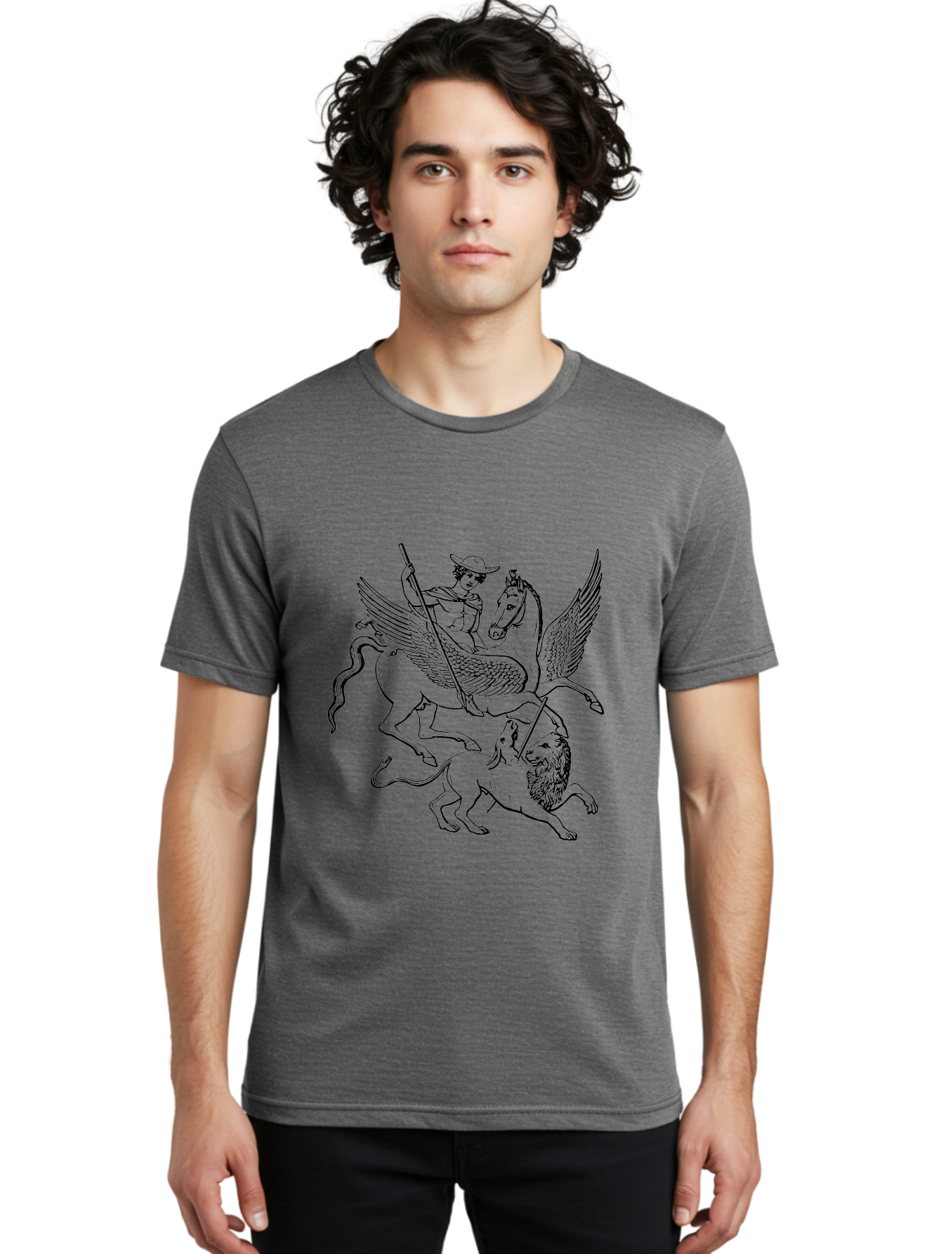 St-George-And-Dragon Men'S Graphic Tee, 100% Cotton, Comfortable Casual Summer Wear, Machine Washable, Man Riding Winged Horse, Horse Attacking Lion, Mythical Creatures, Fantasy Artwork, Black Line Art, Vintage Illustration, - Aaa565