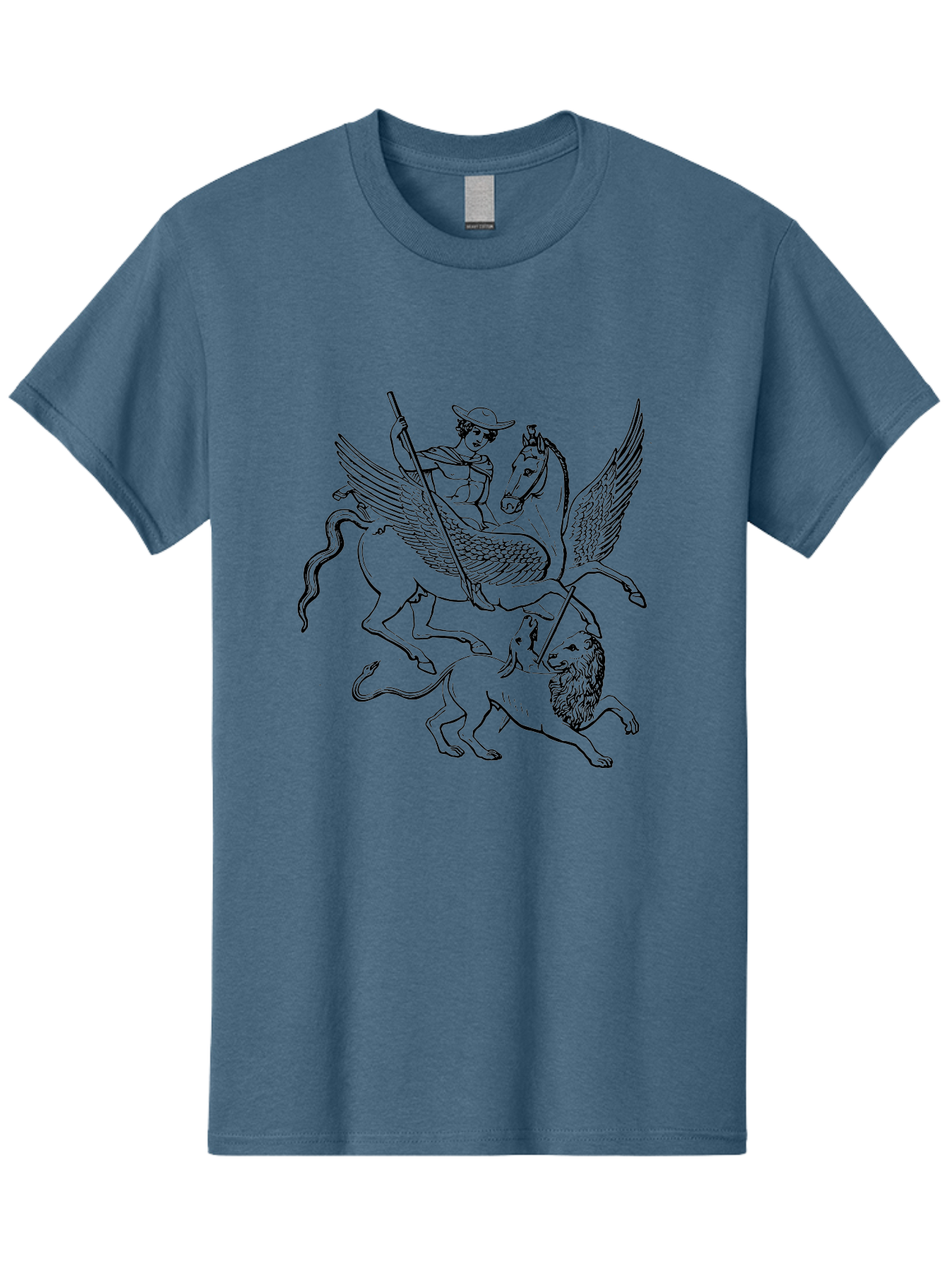 St-George-And-Dragon Men'S Graphic Tee, 100% Cotton, Comfortable Casual Summer Wear, Machine Washable, Man Riding Winged Horse, Horse Attacking Lion, Mythical Creatures, Fantasy Artwork, Black Line Art, Vintage Illustration, - Aaa565