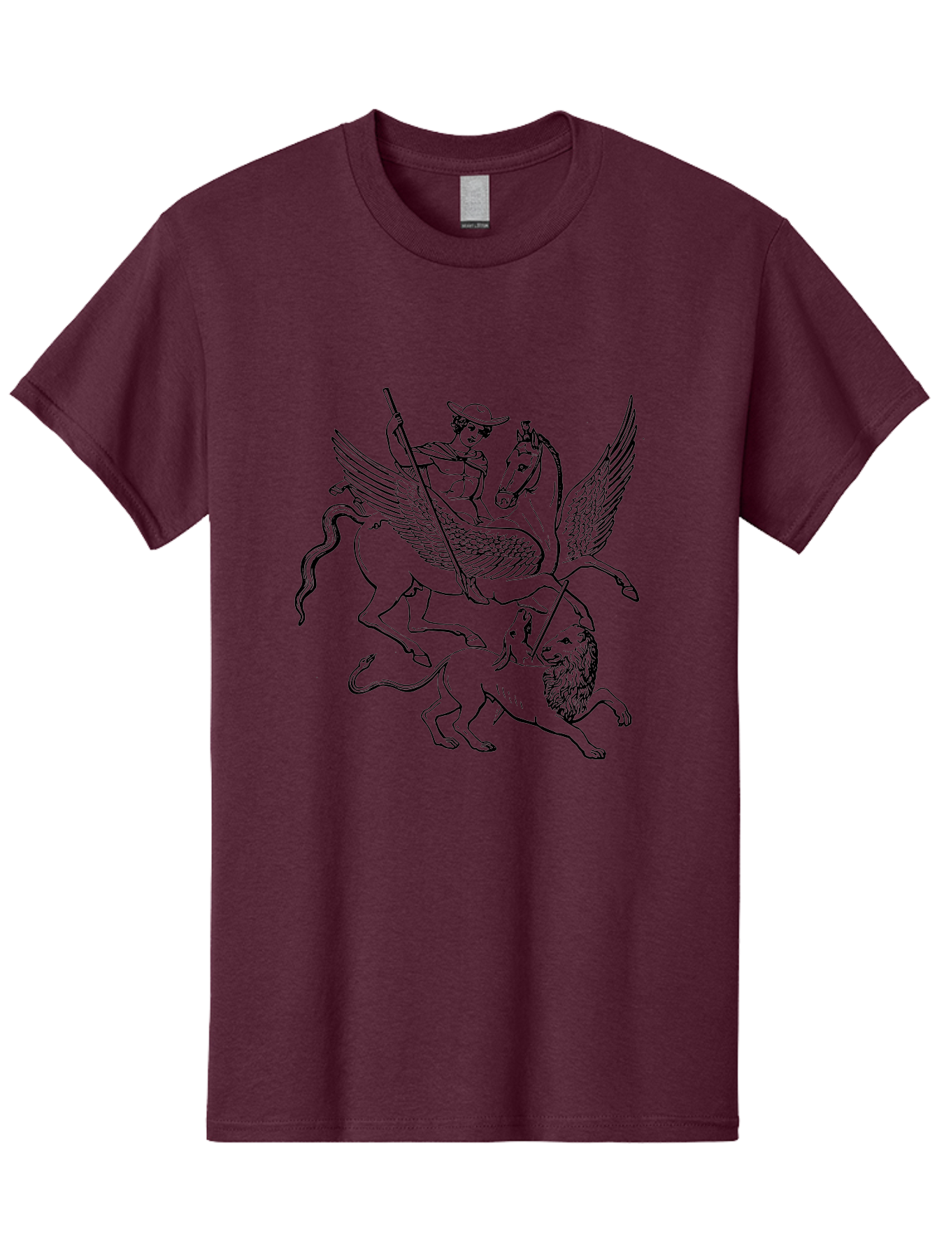 St-George-And-Dragon Men'S Graphic Tee, 100% Cotton, Comfortable Casual Summer Wear, Machine Washable, Man Riding Winged Horse, Horse Attacking Lion, Mythical Creatures, Fantasy Artwork, Black Line Art, Vintage Illustration, - Aaa565