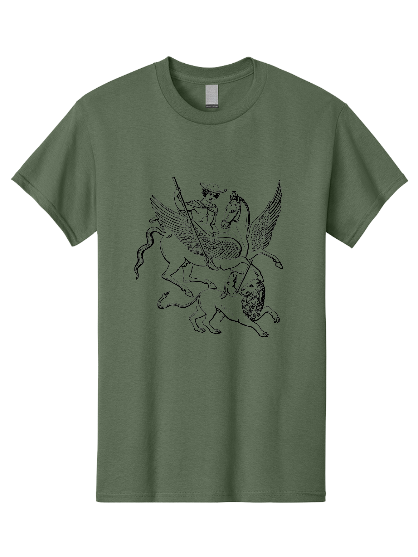 St-George-And-Dragon Men'S Graphic Tee, 100% Cotton, Comfortable Casual Summer Wear, Machine Washable, Man Riding Winged Horse, Horse Attacking Lion, Mythical Creatures, Fantasy Artwork, Black Line Art, Vintage Illustration, - Aaa565