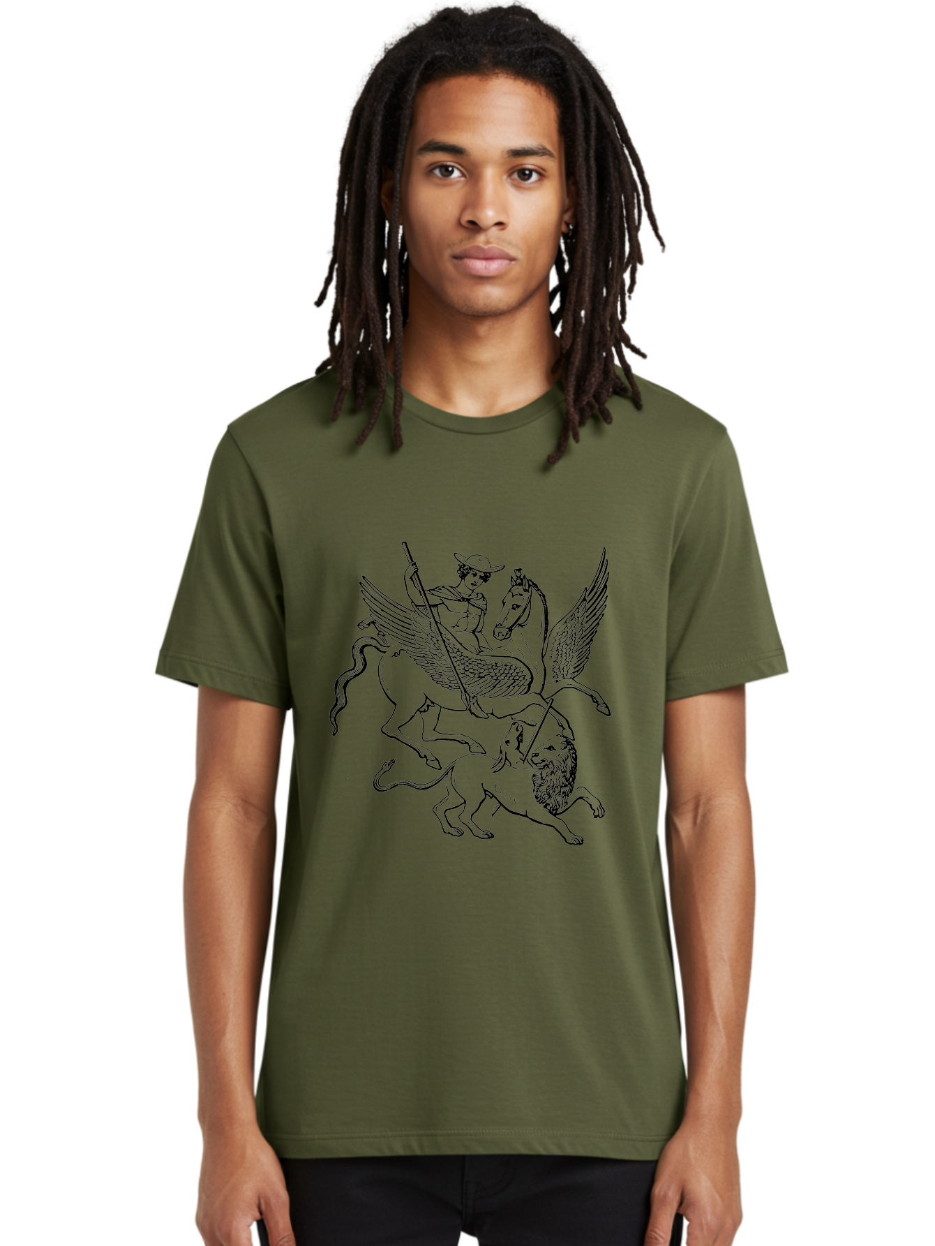 St-George-And-Dragon Men'S Graphic Tee, 100% Cotton, Comfortable Casual Summer Wear, Machine Washable, Man Riding Winged Horse, Horse Attacking Lion, Mythical Creatures, Fantasy Artwork, Black Line Art, Vintage Illustration, - Aaa565