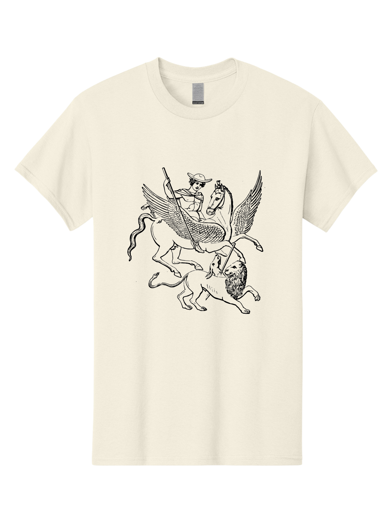 St-George-And-Dragon Men'S Graphic Tee, 100% Cotton, Comfortable Casual Summer Wear, Machine Washable, Man Riding Winged Horse, Horse Attacking Lion, Mythical Creatures, Fantasy Artwork, Black Line Art, Vintage Illustration, - Aaa565
