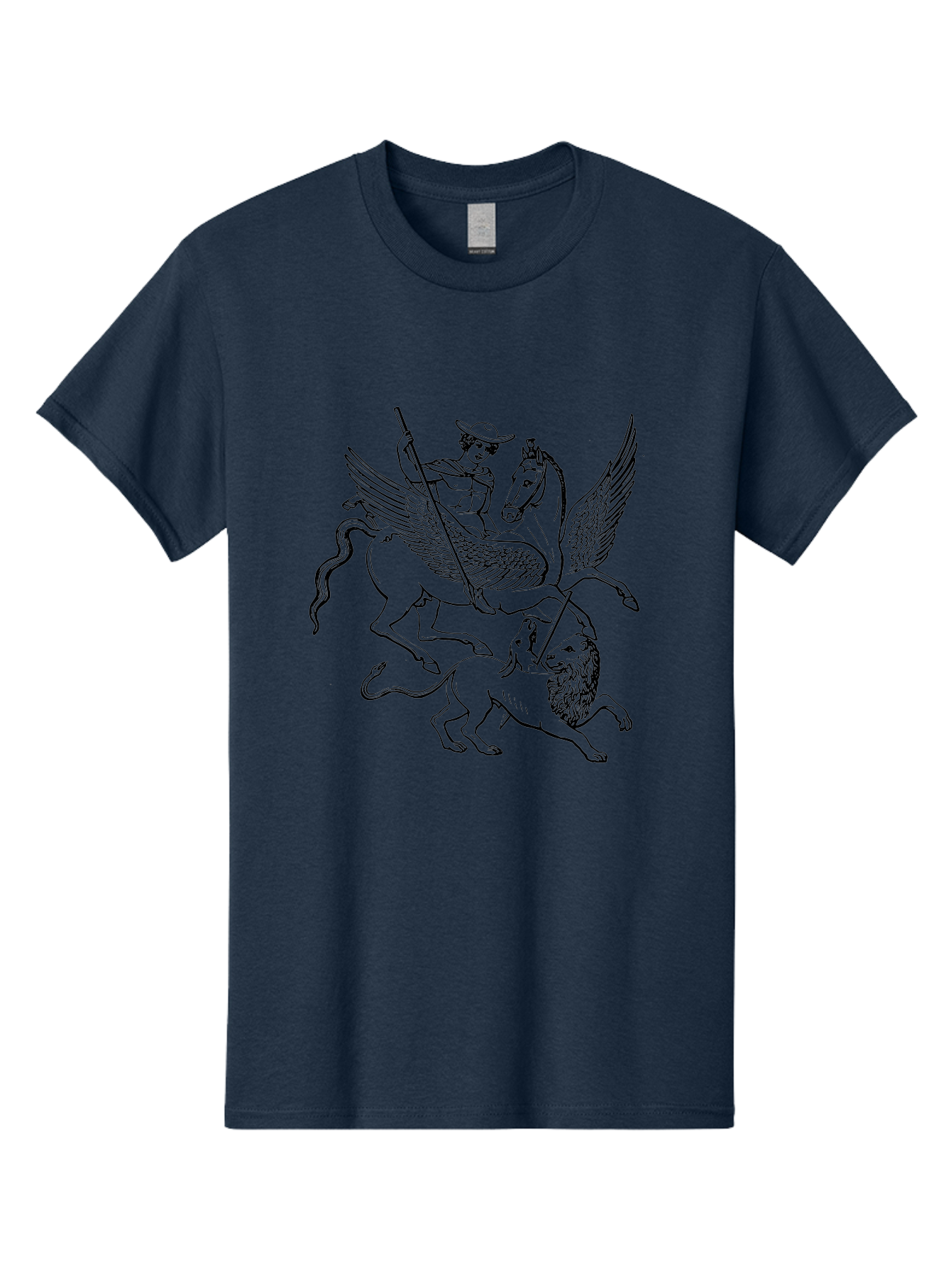 St-George-And-Dragon Men'S Graphic Tee, 100% Cotton, Comfortable Casual Summer Wear, Machine Washable, Man Riding Winged Horse, Horse Attacking Lion, Mythical Creatures, Fantasy Artwork, Black Line Art, Vintage Illustration, - Aaa565