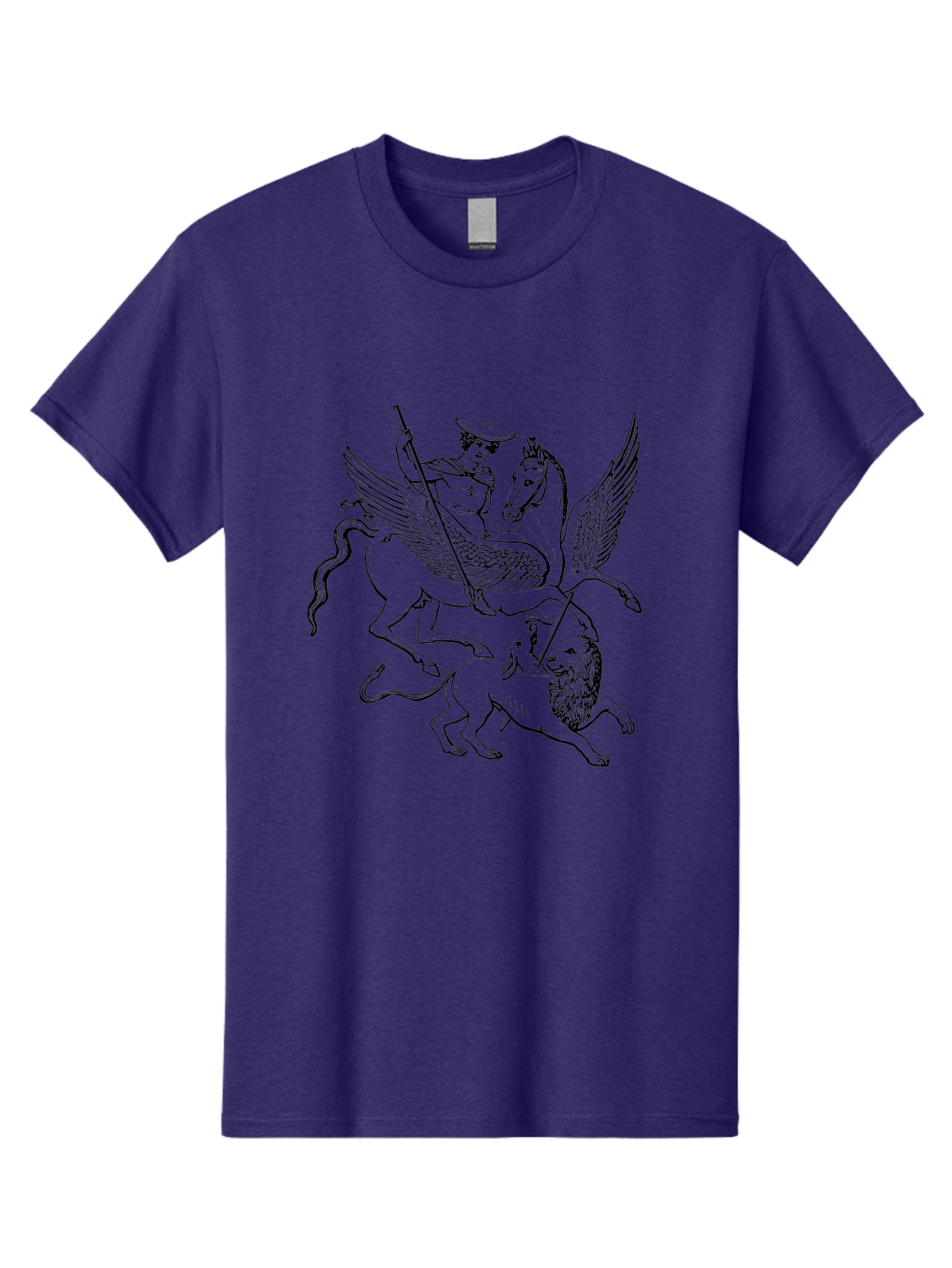 St-George-And-Dragon Men'S Graphic Tee, 100% Cotton, Comfortable Casual Summer Wear, Machine Washable, Man Riding Winged Horse, Horse Attacking Lion, Mythical Creatures, Fantasy Artwork, Black Line Art, Vintage Illustration, - Aaa565