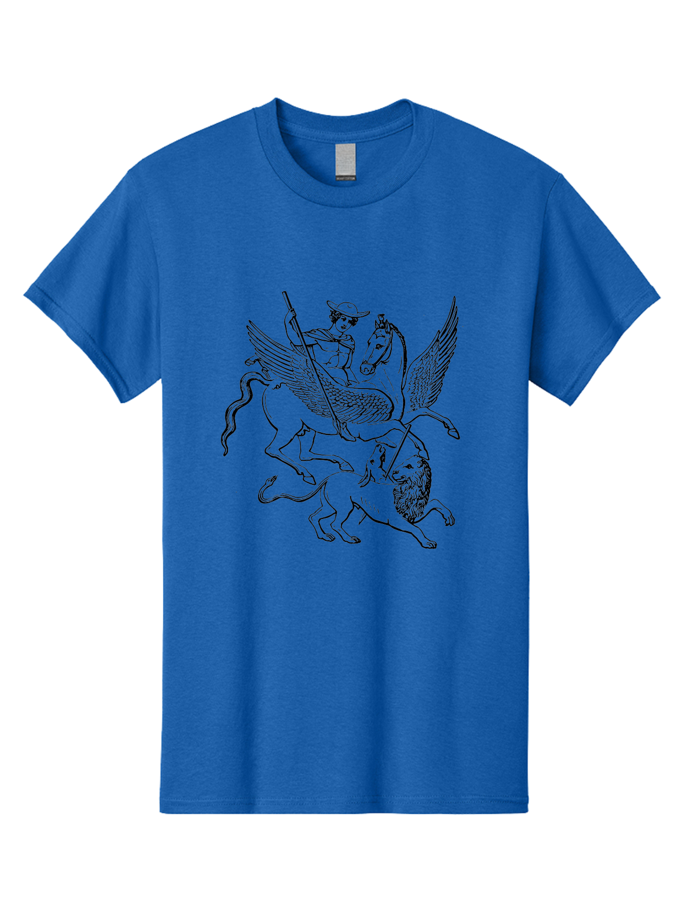 St-George-And-Dragon Men'S Graphic Tee, 100% Cotton, Comfortable Casual Summer Wear, Machine Washable, Man Riding Winged Horse, Horse Attacking Lion, Mythical Creatures, Fantasy Artwork, Black Line Art, Vintage Illustration, - Aaa565