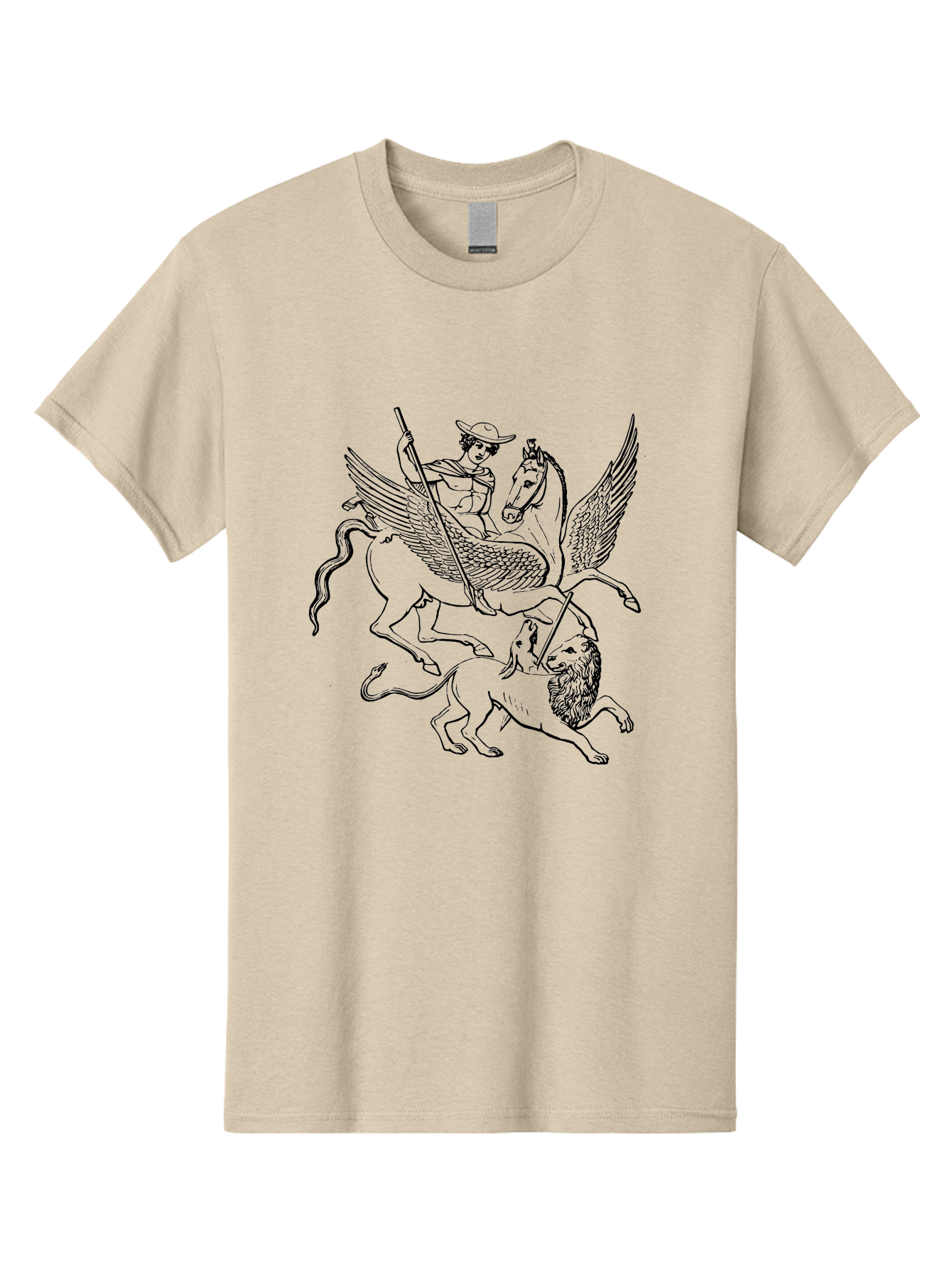 St-George-And-Dragon Men'S Graphic Tee, 100% Cotton, Comfortable Casual Summer Wear, Machine Washable, Man Riding Winged Horse, Horse Attacking Lion, Mythical Creatures, Fantasy Artwork, Black Line Art, Vintage Illustration, - Aaa565