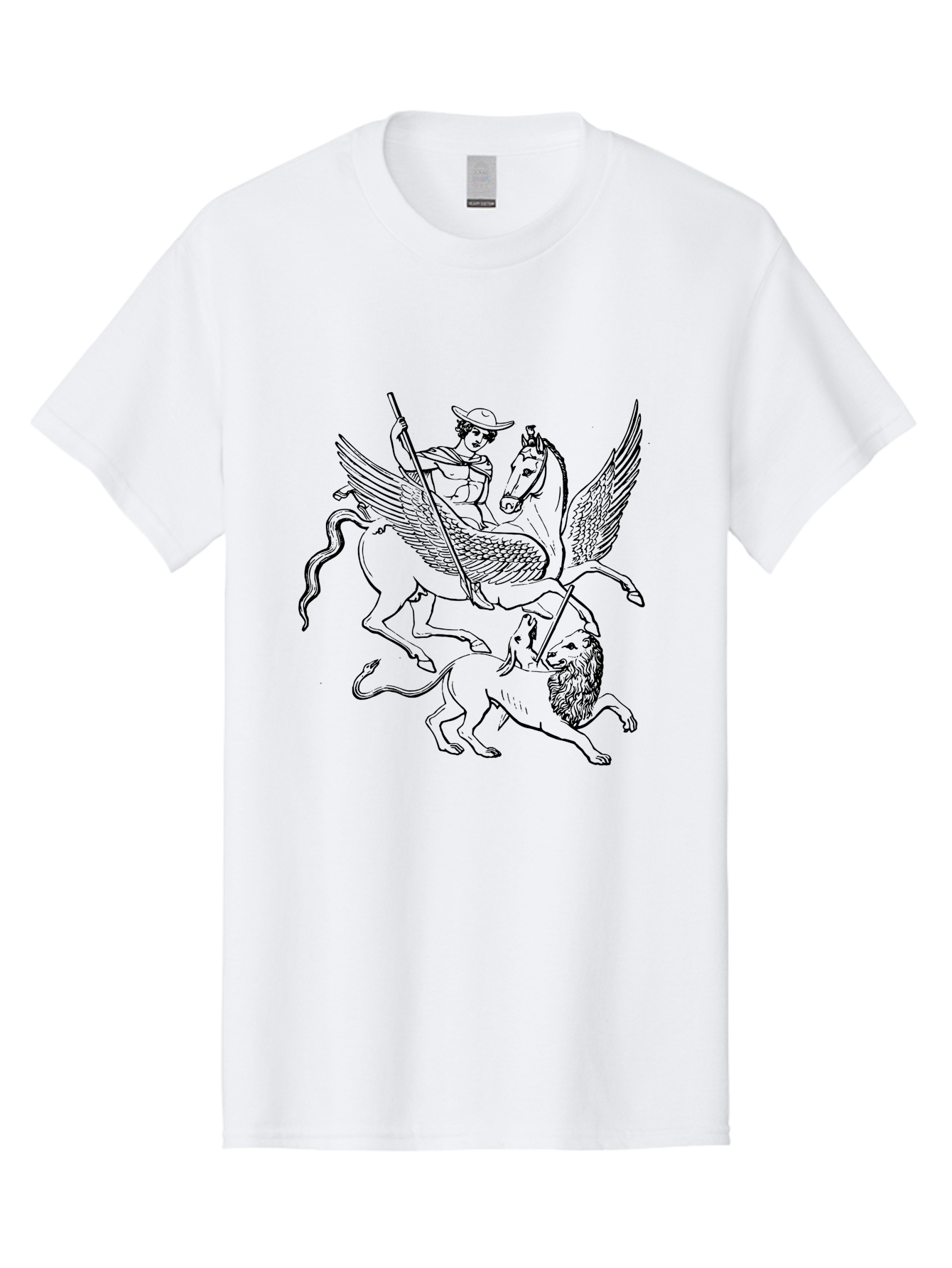 St-George-And-Dragon Men'S Graphic Tee, 100% Cotton, Comfortable Casual Summer Wear, Machine Washable, Man Riding Winged Horse, Horse Attacking Lion, Mythical Creatures, Fantasy Artwork, Black Line Art, Vintage Illustration, - Aaa565