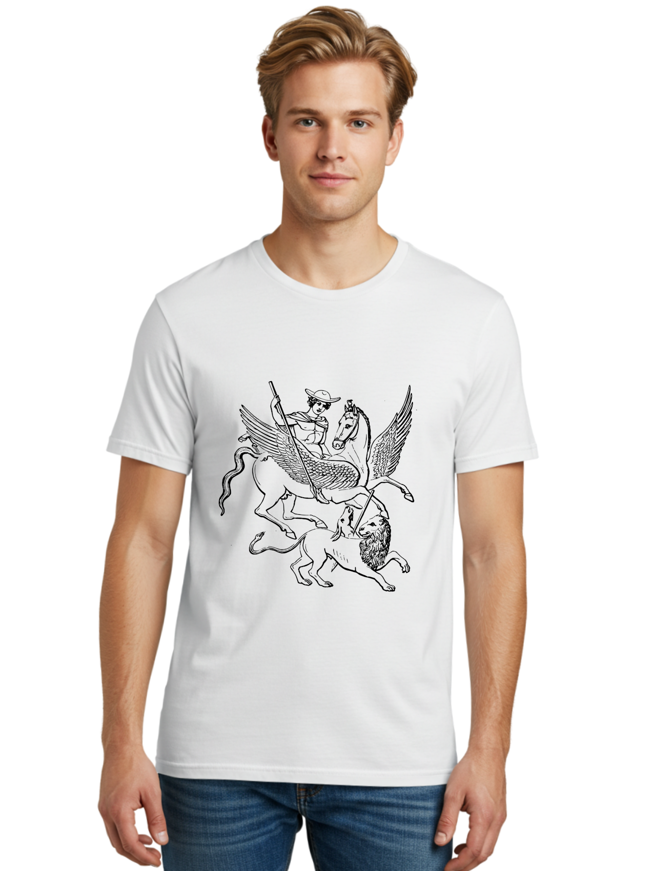 St-George-And-Dragon Men'S Graphic Tee, 100% Cotton, Comfortable Casual Summer Wear, Machine Washable, Man Riding Winged Horse, Horse Attacking Lion, Mythical Creatures, Fantasy Artwork, Black Line Art, Vintage Illustration, - Aaa565