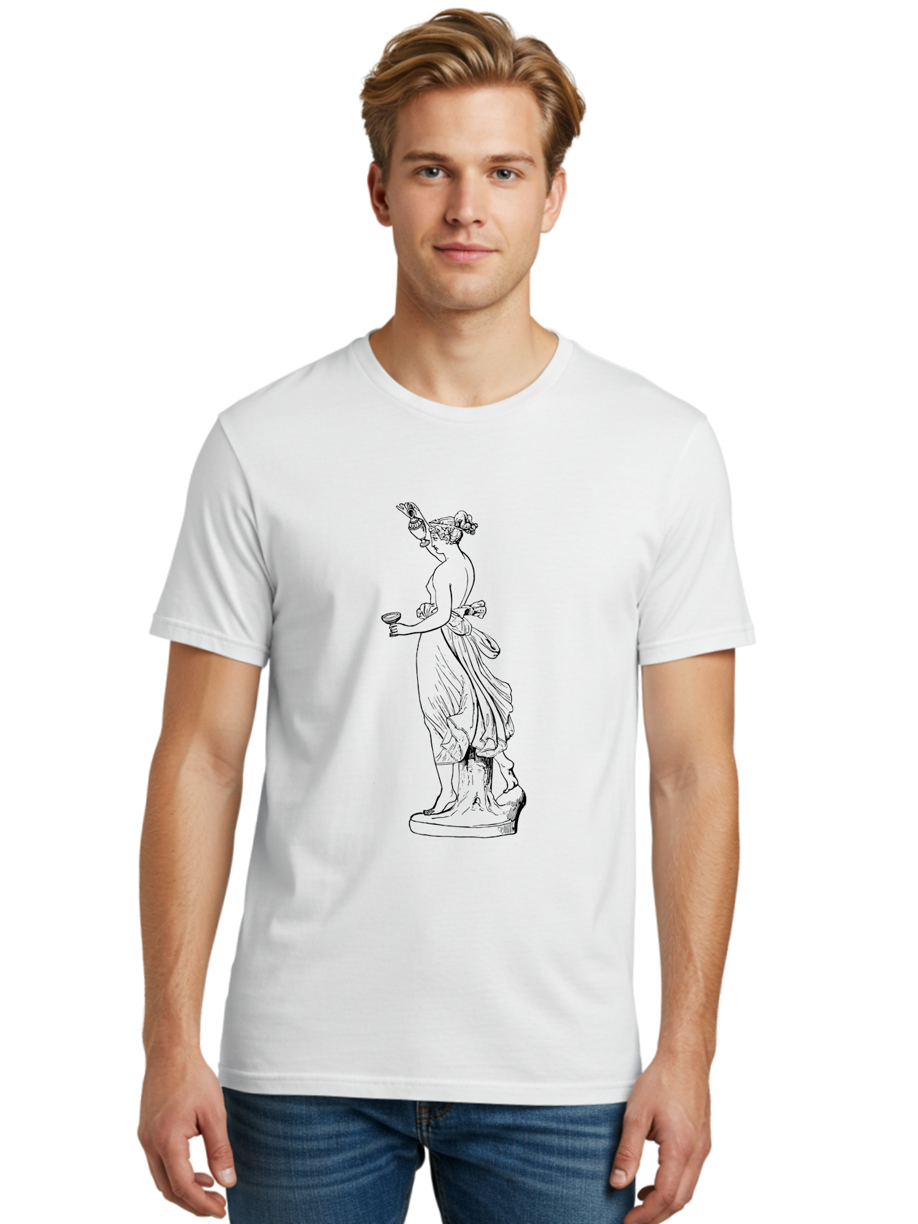 Statue-Of-Goddess Men'S Graphic Tee, 100% Cotton, Comfortable Casual Summer Wear, Machine Washable, Goddess Statue, Black Ink Drawing, Classical Attire, Flowing Robes, Ancient Deity, Figurative Art, Mythological Figure, Artistic Sketch, - Aaa566