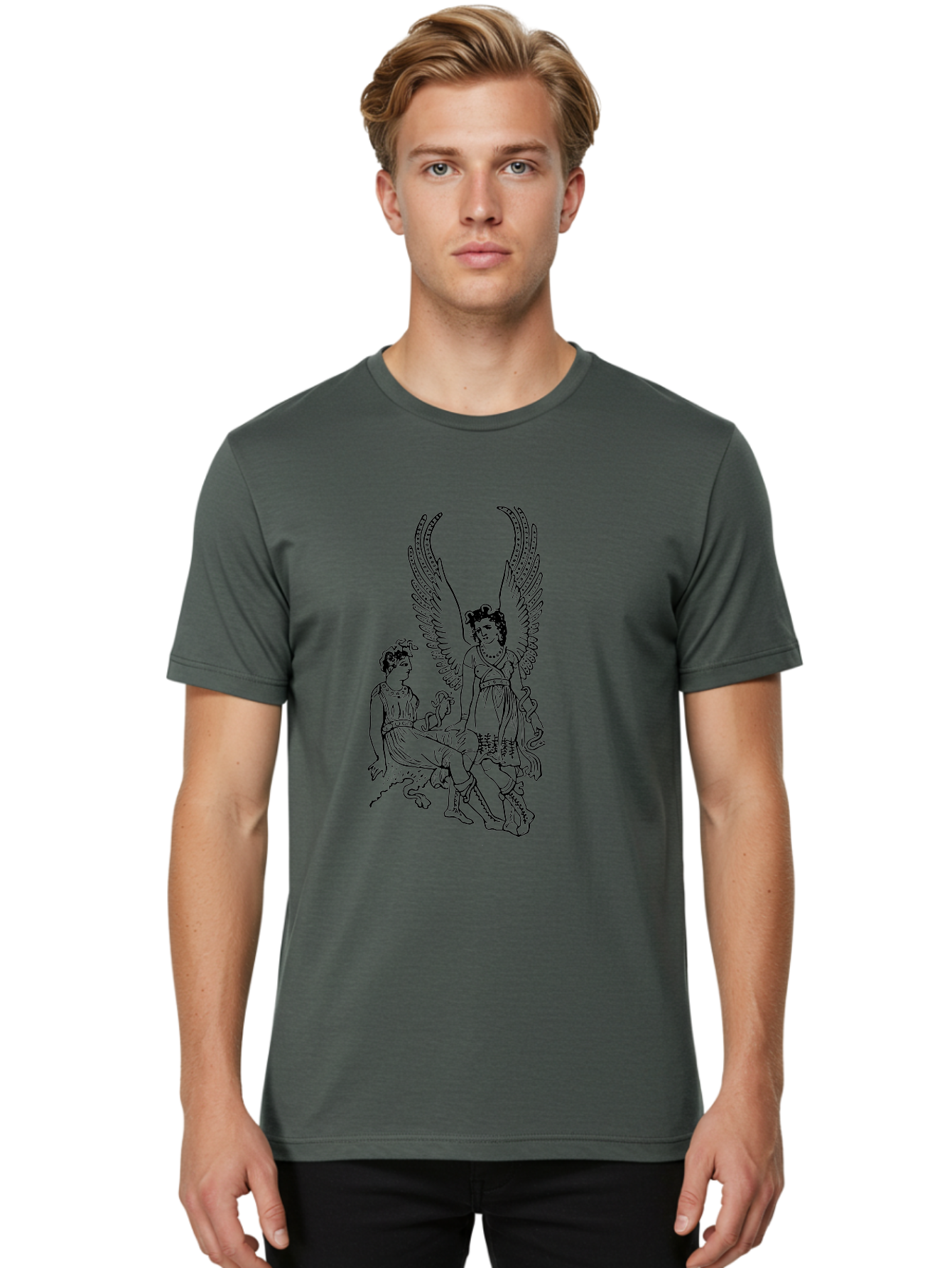 Victory-And-Man Men'S Graphic Tee, 100% Cotton, Comfortable Casual Summer Wear, Machine Washable, Angel With Wings, Woman Sitting, Flowing Robes, Ancient Mythology, Mysterious Scene, Spiritual Being, Divine Presence, Symbolic Art - Aaa570
