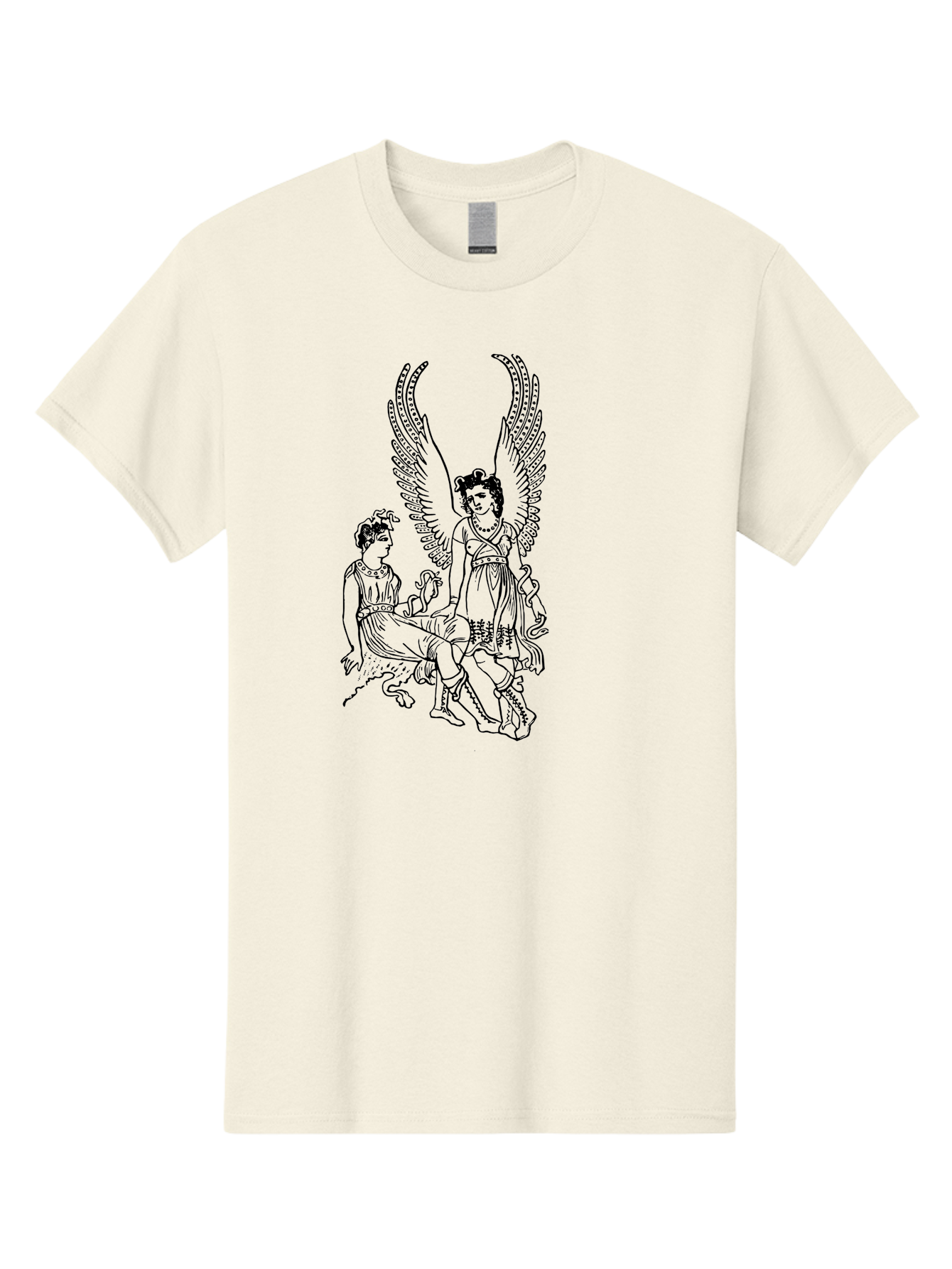 Victory-And-Man Men'S Graphic Tee, 100% Cotton, Comfortable Casual Summer Wear, Machine Washable, Angel With Wings, Woman Sitting, Flowing Robes, Ancient Mythology, Mysterious Scene, Spiritual Being, Divine Presence, Symbolic Art - Aaa570