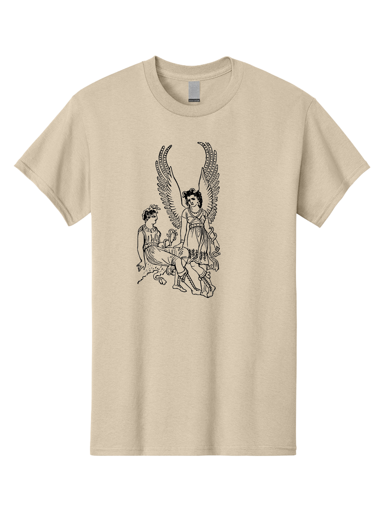 Victory-And-Man Men'S Graphic Tee, 100% Cotton, Comfortable Casual Summer Wear, Machine Washable, Angel With Wings, Woman Sitting, Flowing Robes, Ancient Mythology, Mysterious Scene, Spiritual Being, Divine Presence, Symbolic Art - Aaa570