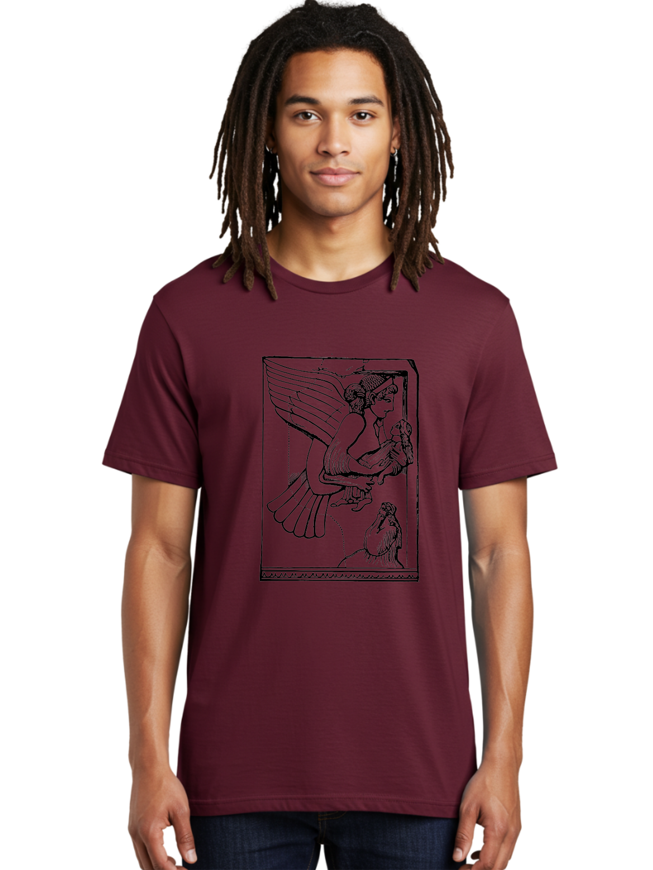 Winged-Goddess-With-Bird Men'S Graphic Tee, 100% Cotton, Comfortable Casual Summer Wear, Machine Washable, Winged Goddess Offering Dove, Ancient Greek Art, Mythological Figure, Dove Symbolism, Angelic Being, Classical Mythology, - Aaa571