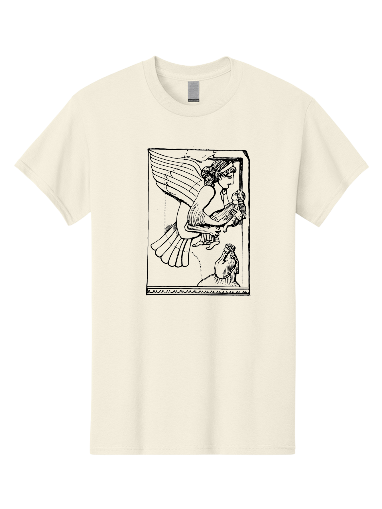 Winged-Goddess-With-Bird Men'S Graphic Tee, 100% Cotton, Comfortable Casual Summer Wear, Machine Washable, Winged Goddess Offering Dove, Ancient Greek Art, Mythological Figure, Dove Symbolism, Angelic Being, Classical Mythology, - Aaa571