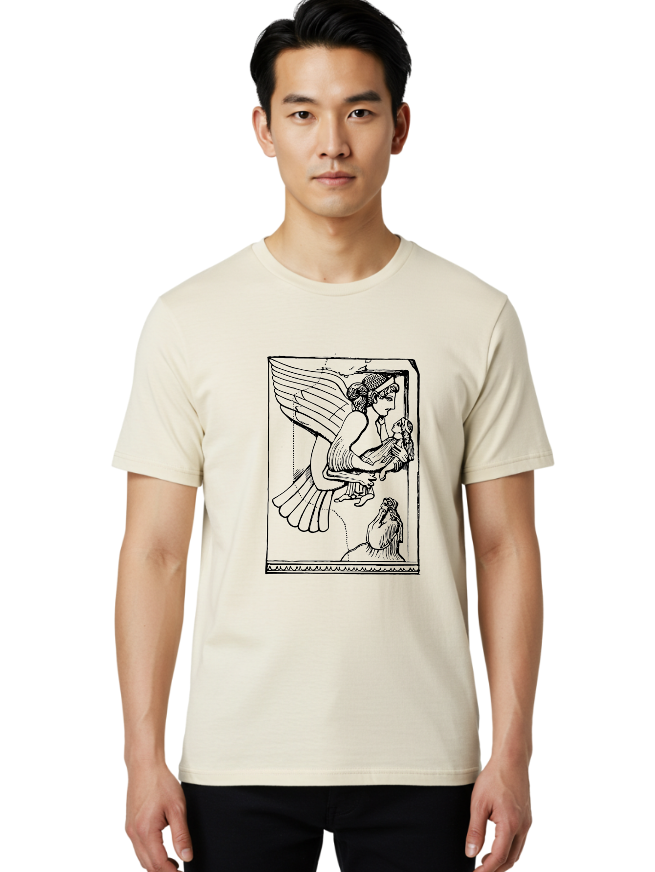 Winged-Goddess-With-Bird Men'S Graphic Tee, 100% Cotton, Comfortable Casual Summer Wear, Machine Washable, Winged Goddess Offering Dove, Ancient Greek Art, Mythological Figure, Dove Symbolism, Angelic Being, Classical Mythology, - Aaa571