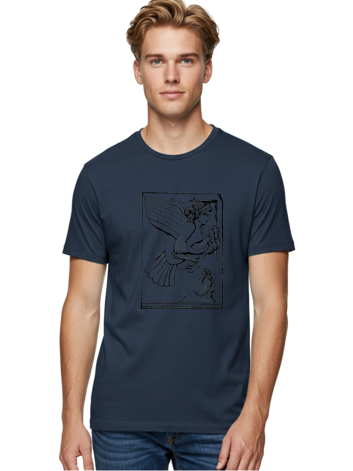 Winged-Goddess-With-Bird Men'S Graphic Tee, 100% Cotton, Comfortable Casual Summer Wear, Machine Washable, Winged Goddess Offering Dove, Ancient Greek Art, Mythological Figure, Dove Symbolism, Angelic Being, Classical Mythology, - Aaa571